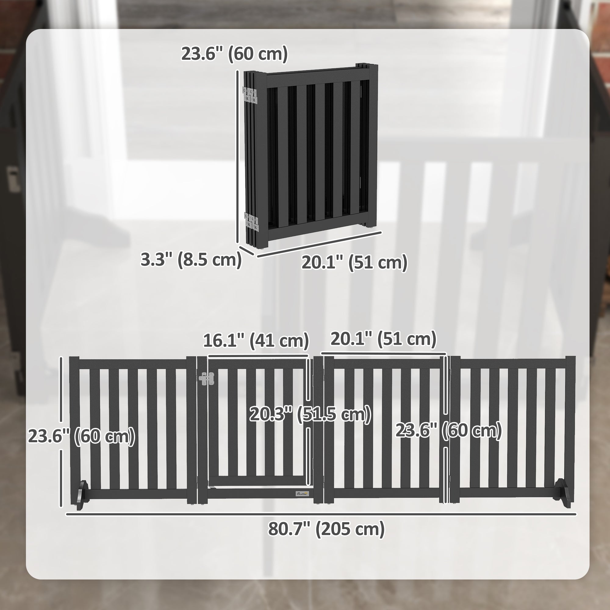 23.5"H Foldable Dog Gate with Door, 4 Panels Freestanding Pet Gate Barriers Indoor with Support Feet, Puppy Fence for Small Dogs, Black