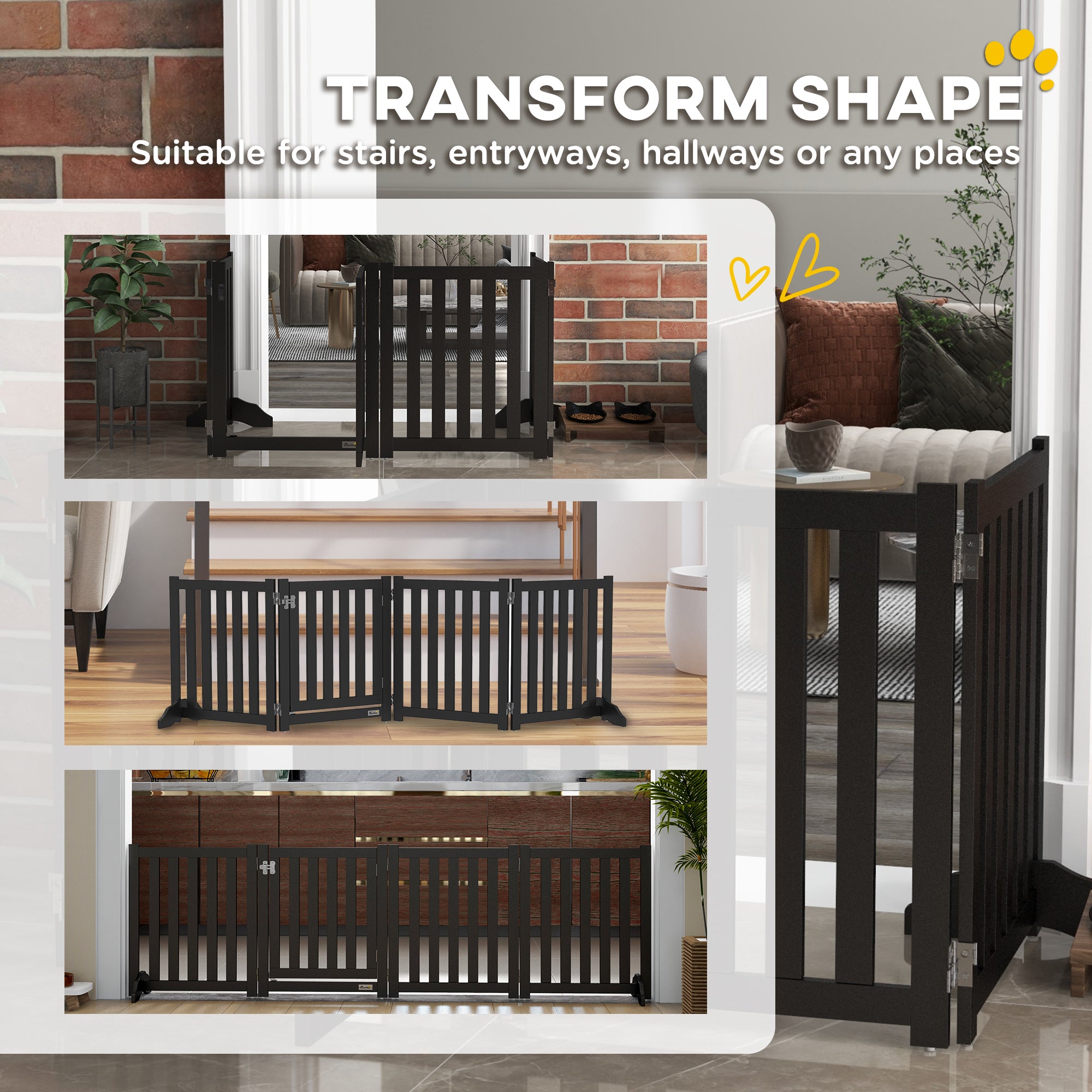 23.5"H Foldable Dog Gate with Door, 4 Panels Freestanding Pet Gate Barriers Indoor with Support Feet, Puppy Fence for Small Dogs, Black