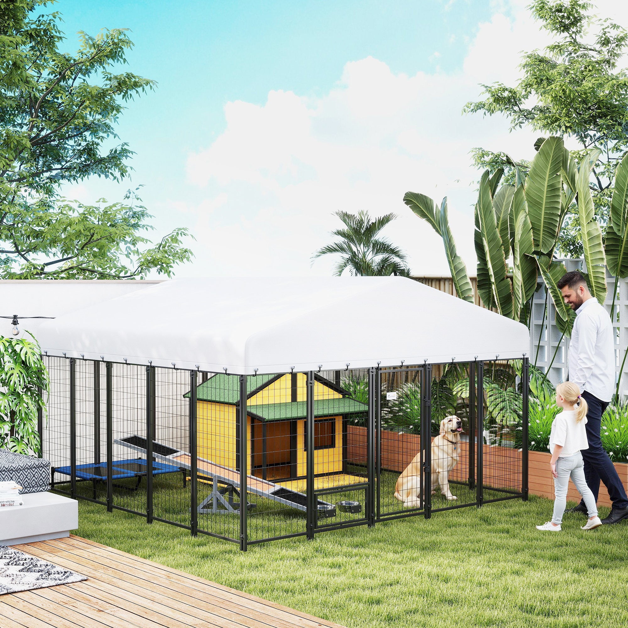 9.8' x 9.8' x 6' Outdoor Dog Kennel, Welded Wire Dog Kennel Outside Run with 360° Rotating Bowls, Waterproof & UV Resistant Cover, for S&M&L Breeds, Chickens, Ducks, Sliver
