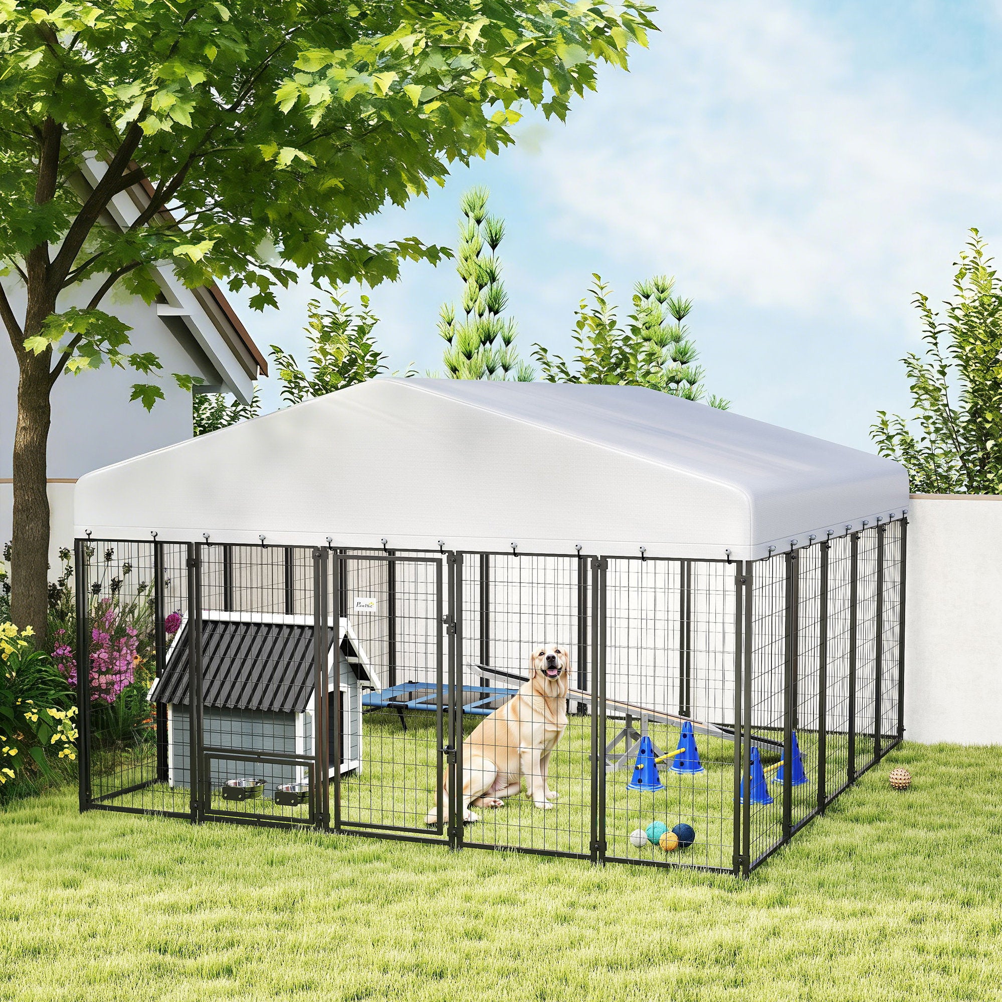 9.8' x 9.8' x 6' Outdoor Dog Kennel, Welded Wire Dog Kennel Outside Run with 360° Rotating Bowls, Waterproof & UV Resistant Cover, for S&M&L Breeds, Chickens, Ducks, Sliver