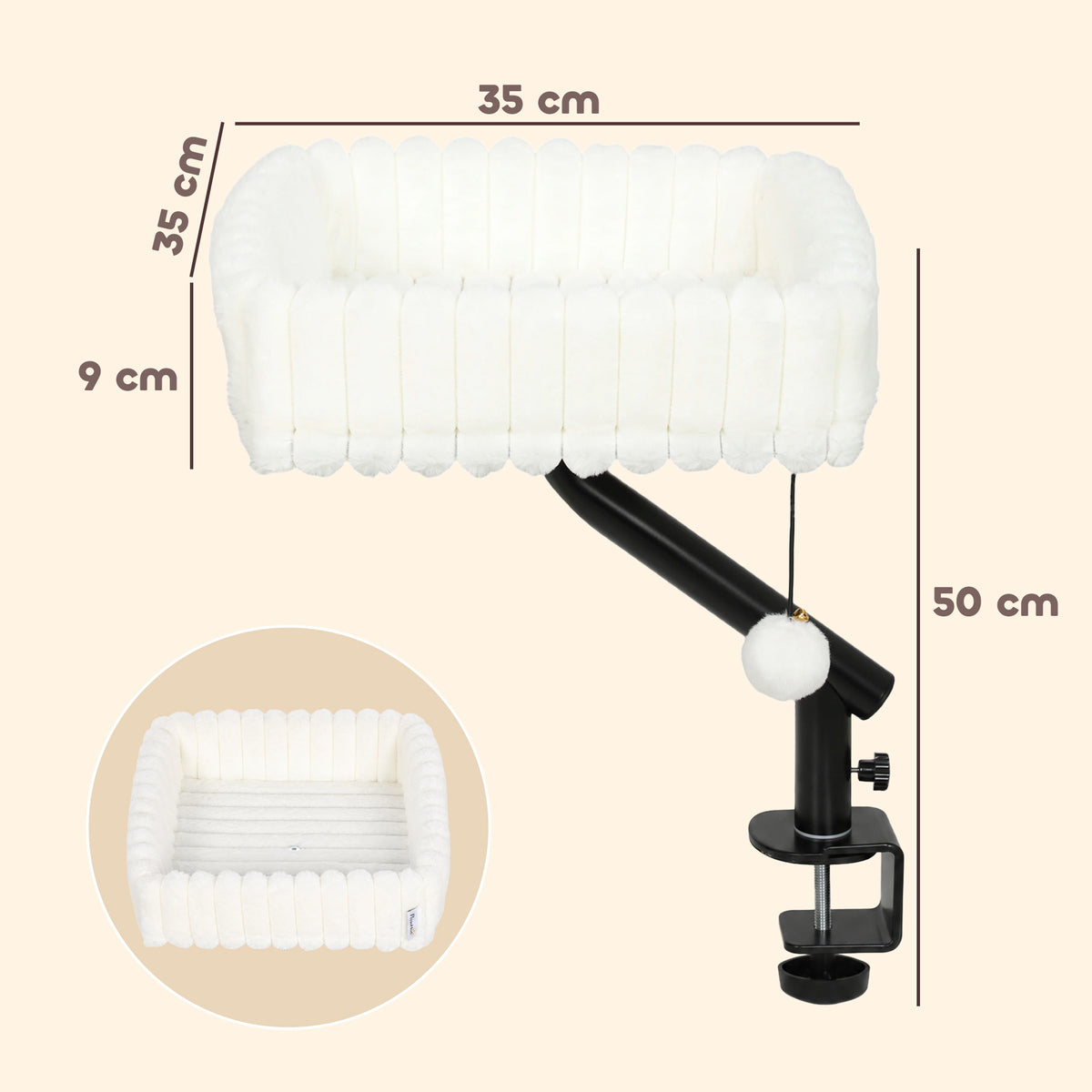 Cat Desk Bed, 360° Rotatable Raised Cat House for Desk and Window, Soft Kitten Hammock with Hanging Ball, Adjustable Clamp for Indoor Kittens, White