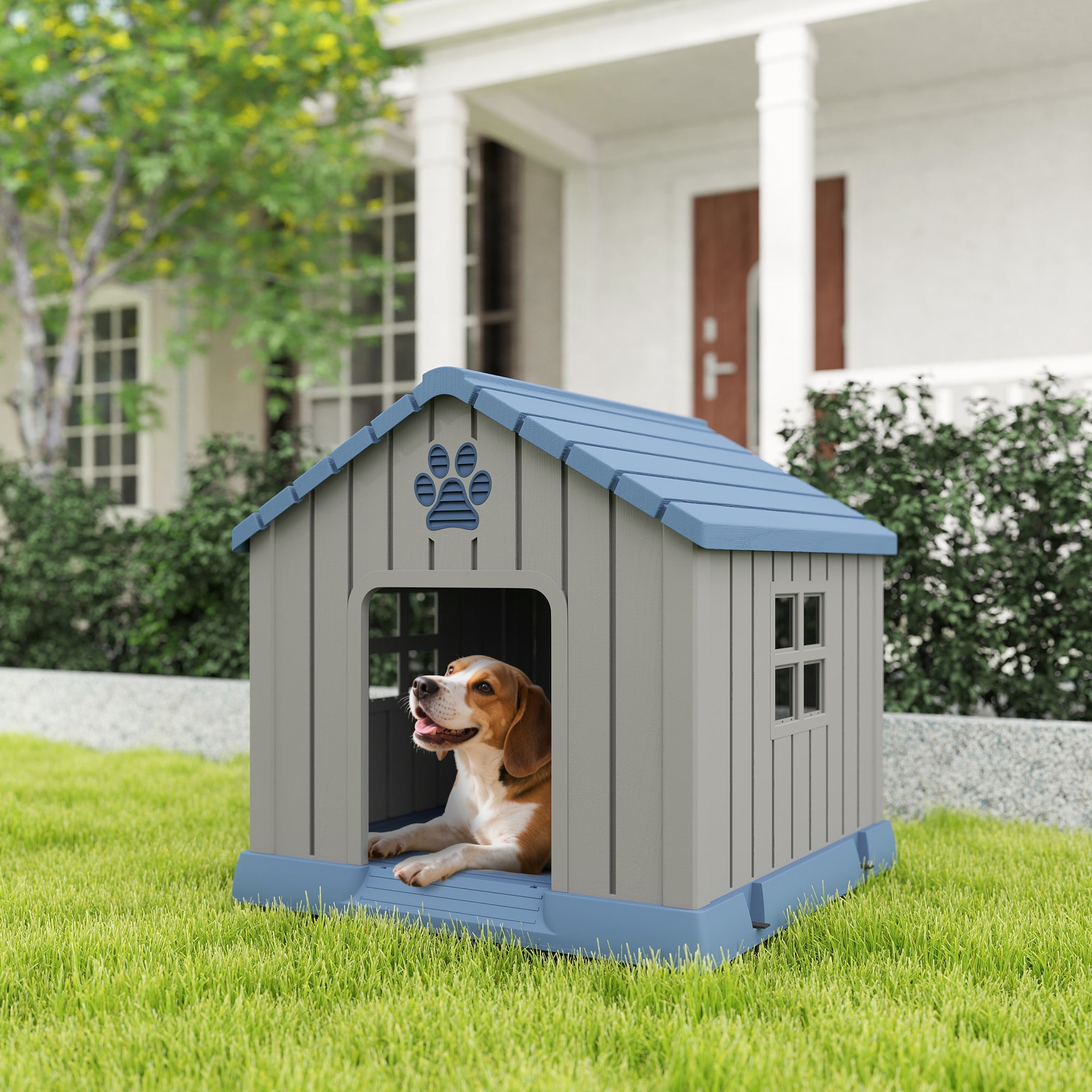 Dog Kennel Outdoor for Medium Dogs, Waterproof Plastic Dog House for Garden, Patio, Indoor Outdoor Pet Shelter with Elevated Base, 85 x 79 x 82 cm, Grey