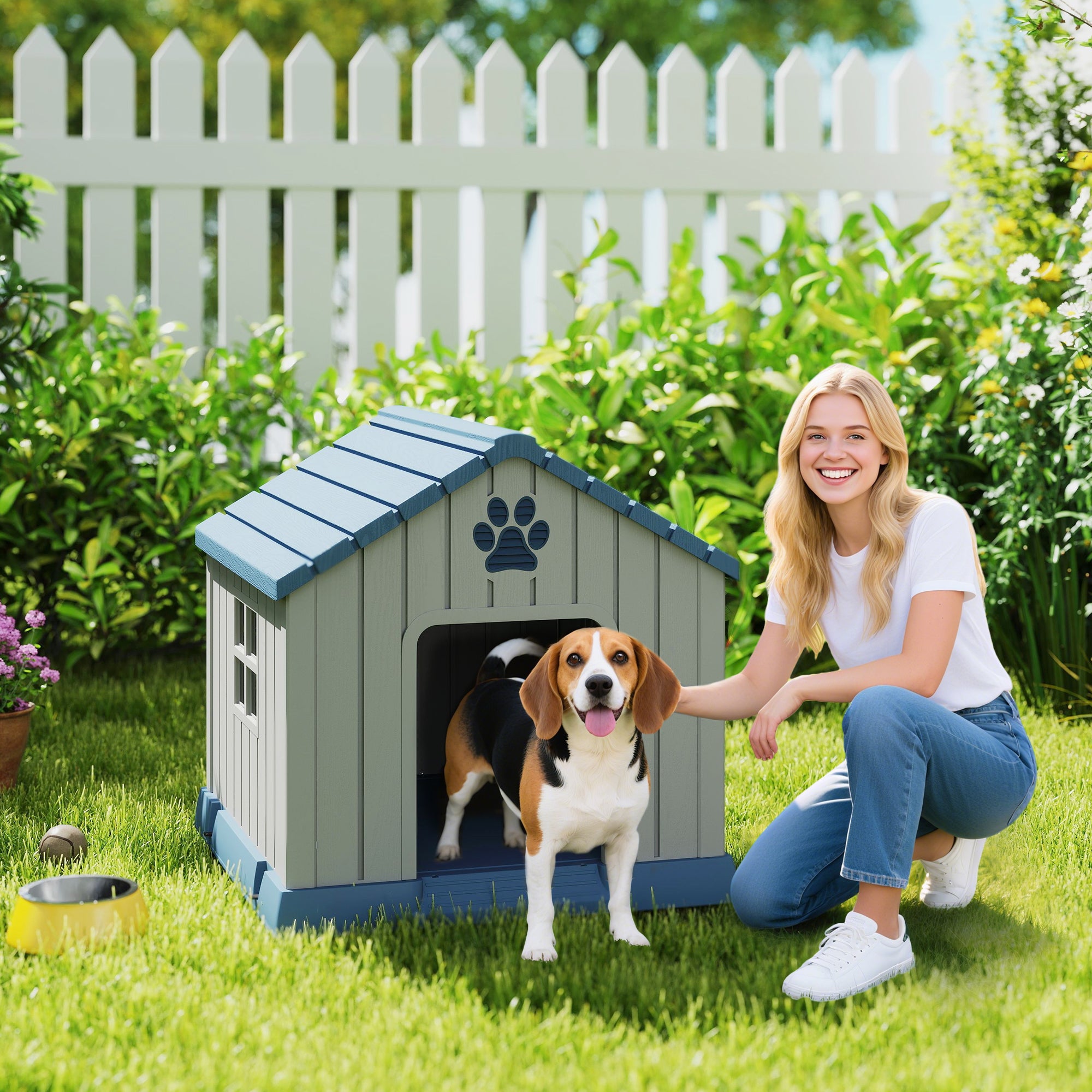 Dog Kennel Outdoor for Medium Dogs, Waterproof Plastic Dog House for Garden, Patio, Indoor Outdoor Pet Shelter with Elevated Base, 85 x 79 x 82 cm, Grey