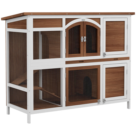 49"L Wooden Rabbit Hutch, Two Story Bunny Cage with Ramp, Divider, Indoor Outdoor Guinea Pig Cage with Openable Roof and Slide-Out Tray, Brown