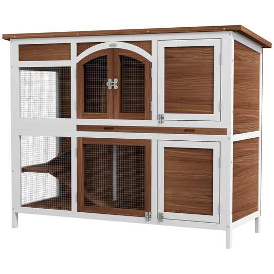 49"L Wooden Rabbit Hutch, Two Story Bunny Cage with Ramp, Divider, Indoor Outdoor Guinea Pig Cage with Openable Roof and Slide-Out Tray, Brown