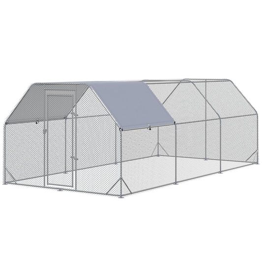 Chicken Run, Galvanized Large Metal Chicken Coop Cage, Walk-in Enclosure Poultry Hen Run House Playpen Rabbit Hutch with Flat Roof, Cover, for Outdoor Backyard, 9.2' x 18.7' x 6.5', Silver
