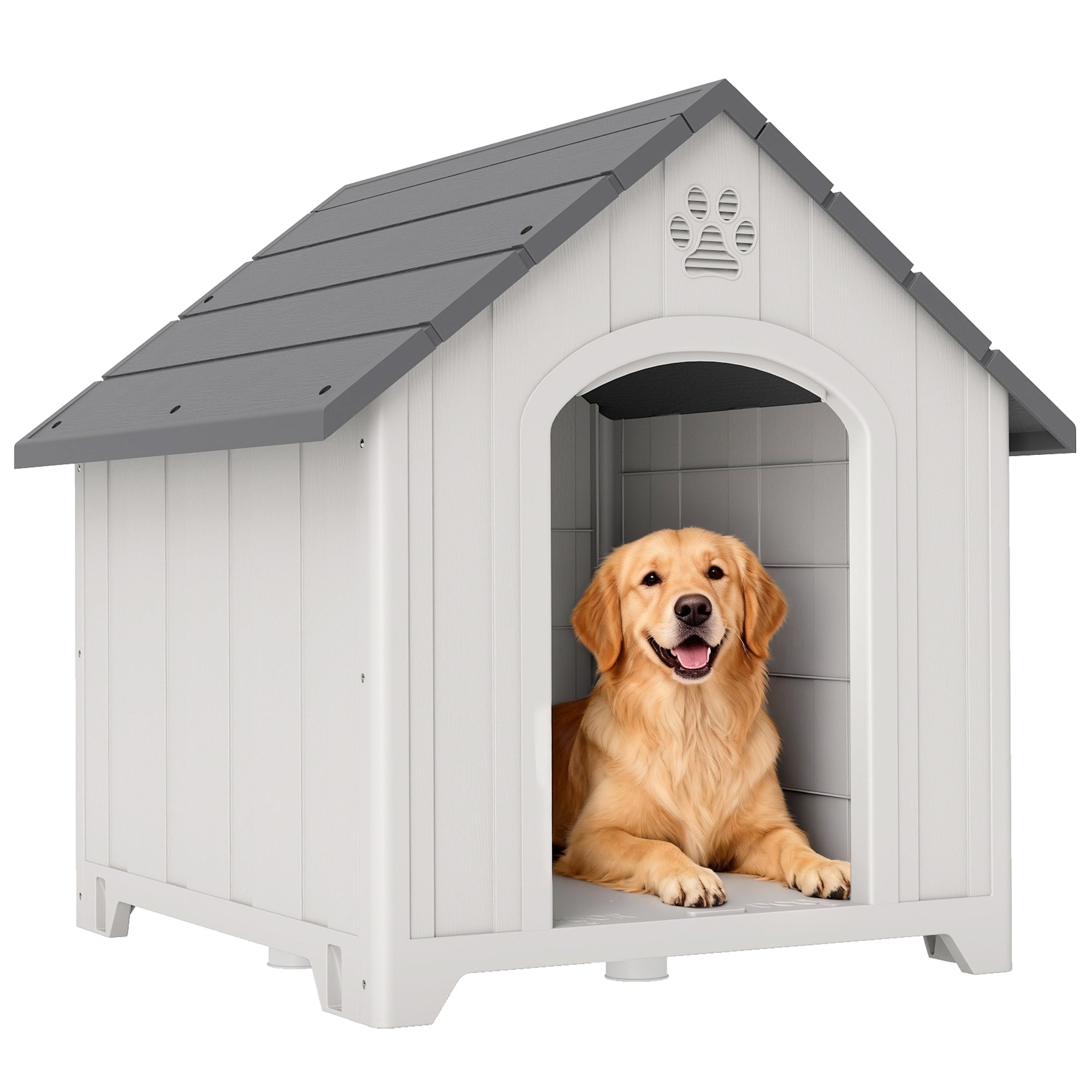 Large Plastic Dog House Outdoor Indoor, Water Resistant Puppy Shelter with Base Support, Air Vents, Elevated Floor, for Medium Large Pets, 34.6" L x 31.1" W x 35" H