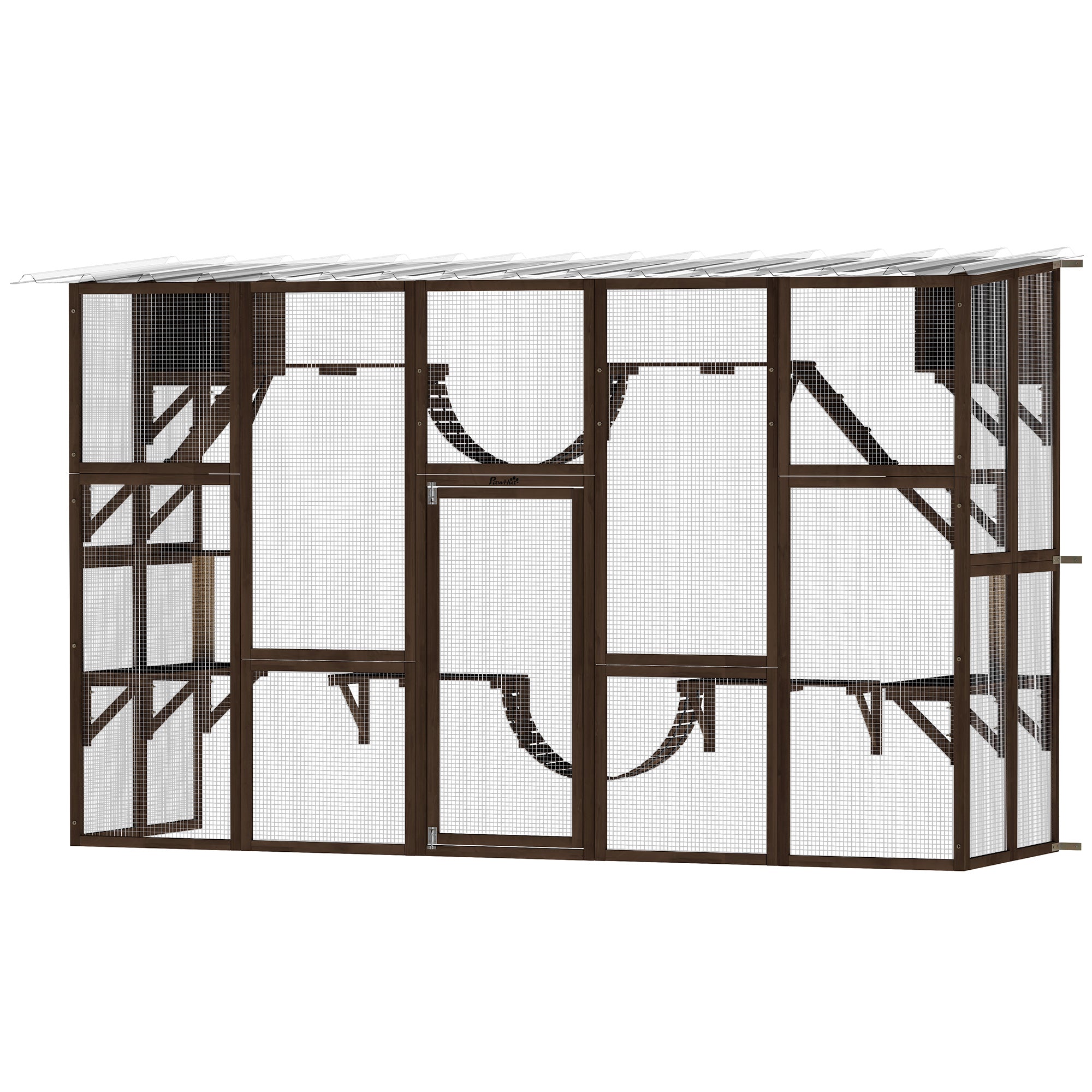 Catio Outdoor Cat Enclosure Window, Outdoor Cat House with Weather Protection Roof for 1-4 Kitties, Wooden Frame, Shelves & Bridges, 118" x 37.5" x 74", Coffee Brown