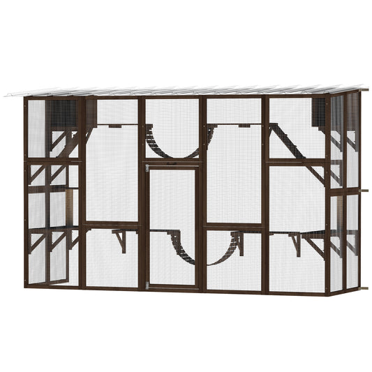 Catio Outdoor Cat Enclosure Window, Outdoor Cat House with Weather Protection Roof for 1-4 Kitties, Wooden Frame, Shelves & Bridges, 118" x 37.5" x 74", Coffee Brown
