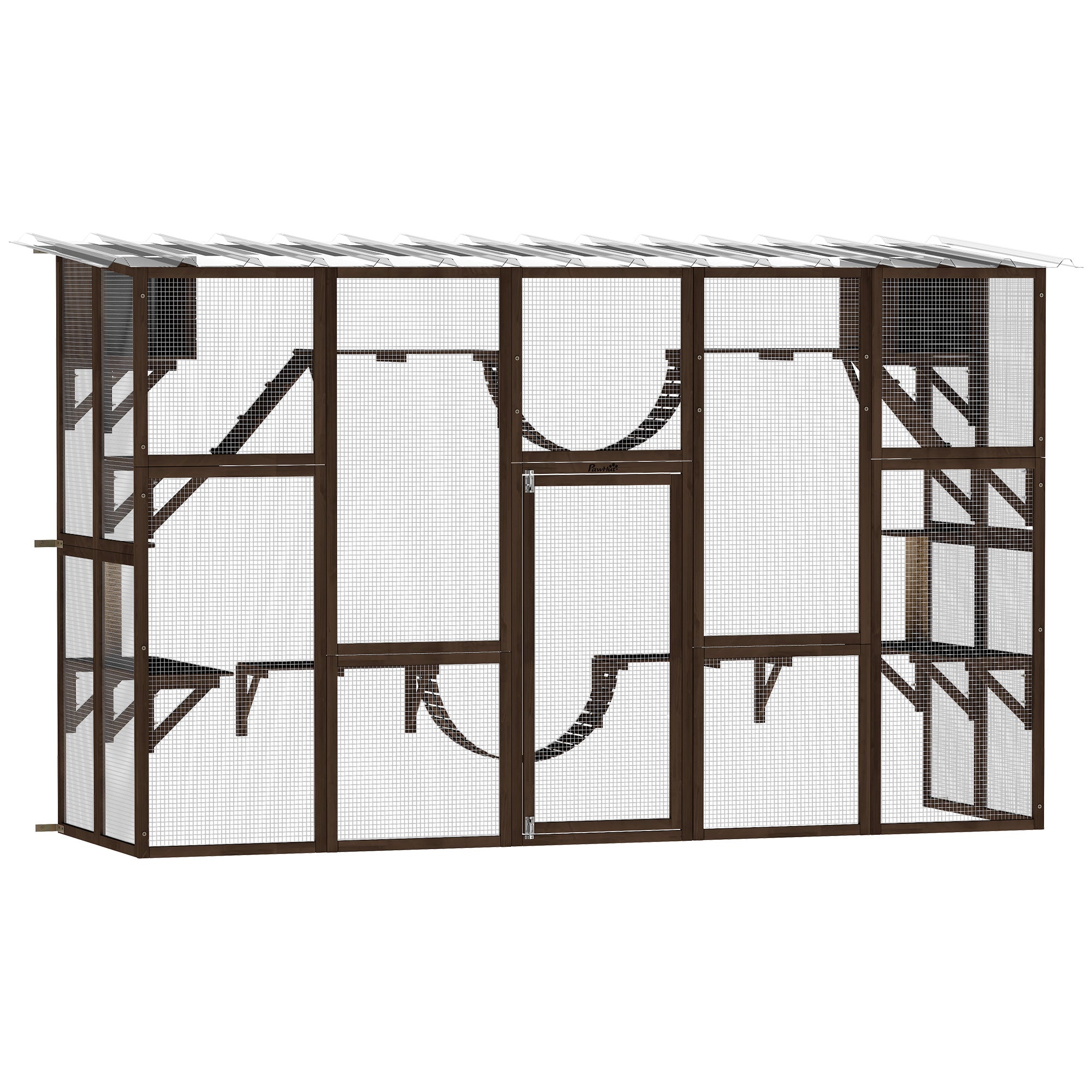 Catio Outdoor Cat Enclosure Window, Outdoor Cat House with Weather Protection Roof for 1-4 Kitties, Wooden Frame, Shelves & Bridges, 118" x 37.5" x 74", Coffee Brown