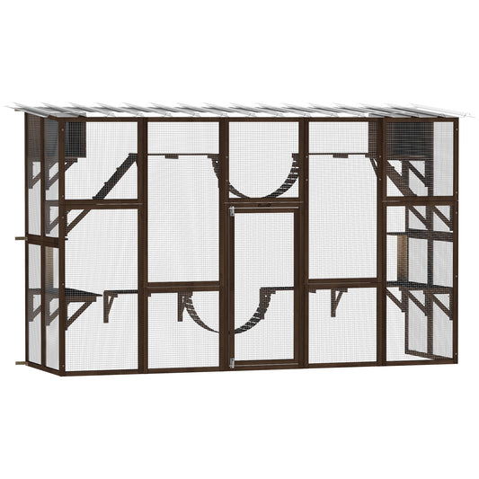Catio Outdoor Cat Enclosure Window, Outdoor Cat House with Weather Protection Roof for 1-4 Kitties, Wooden Frame, Shelves & Bridges, 118" x 37.5" x 74", Coffee Brown