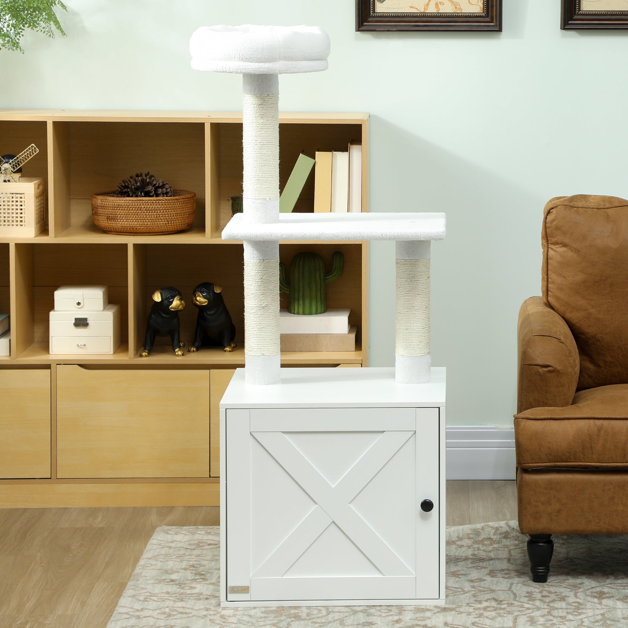 Cat Tree with Litter Box Enclosure, Hidden Cat Tower with Sisal Covered Scratching Posts, Large Platform, Bed, Modern Furniture for Indoor Kittens, White