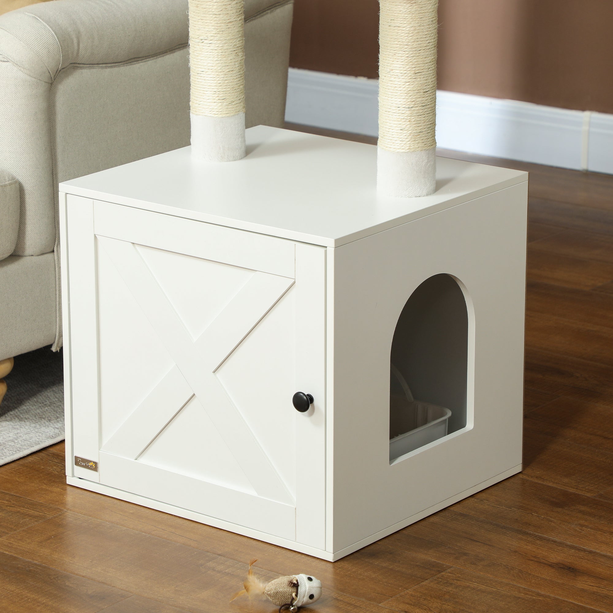 Cat Tree with Litter Box Enclosure, Hidden Cat Tower with Sisal Covered Scratching Posts, Large Platform, Bed, Modern Furniture for Indoor Kittens, White