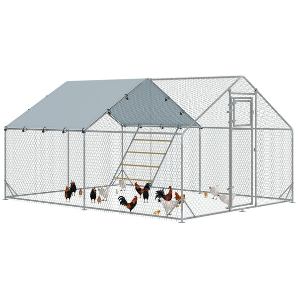Chicken Run, Large Metal Chicken Coop with Feeding Door, Waterproof & UV-Resistant Cover, Hanging Feeder, Perch, Poultry Cage for Outdoor, Backyard, Farm, for 12-18 Chickens