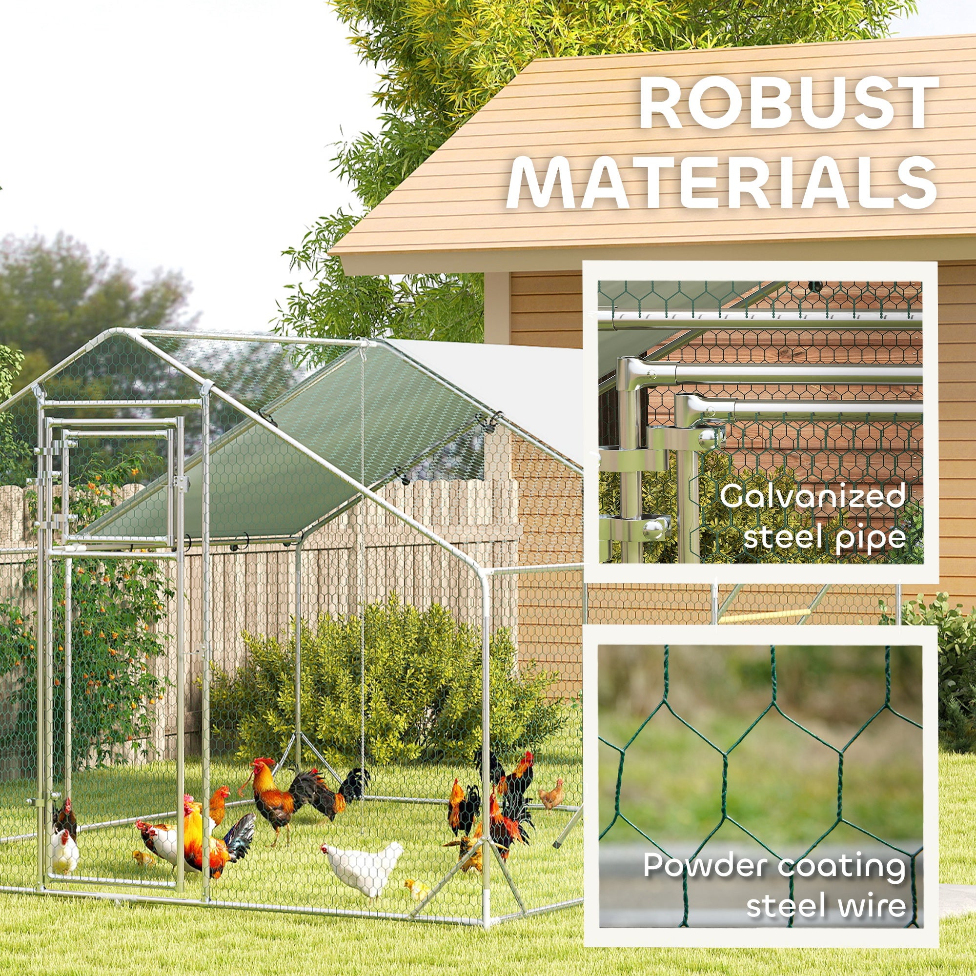 Chicken Run, Large Metal Chicken Coop with Feeding Door, Waterproof & UV-Resistant Cover, Hanging Feeder, Perch, Poultry Cage for Outdoor, Backyard, Farm, for 12-18 Chickens