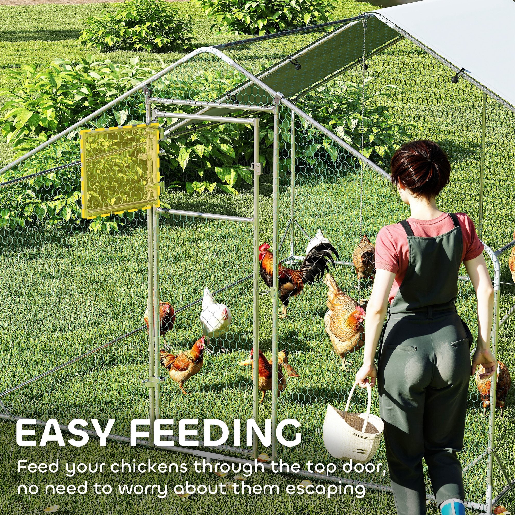 Chicken Run, Large Metal Chicken Coop with Feeding Door, Waterproof & UV-Resistant Cover, Hanging Feeder, Perch, Poultry Cage for Outdoor, Backyard, Farm, for 12-18 Chickens