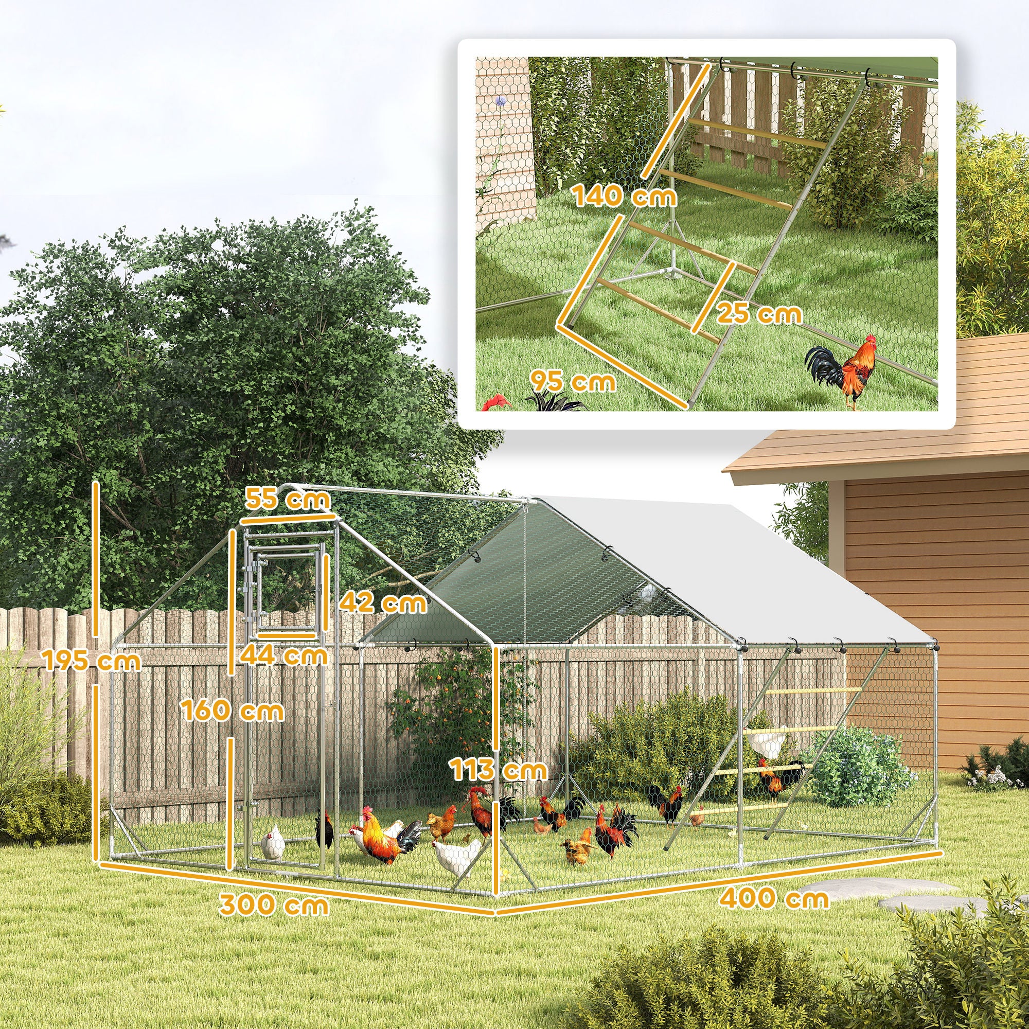 Walk-in Chicken Run, Galvanised Chicken Coop with Water-Resistant and UV-Resistant Cover, Feeding Door, Hanging Feeder, Perch, Hen Poultry House, for 12-18 Chickens, Ducks, Rabbits, Geese