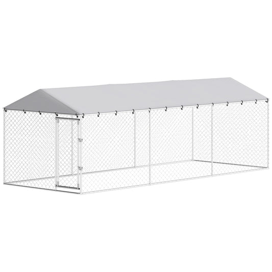Outdoor Dog Kennel, Heavy Duty Dog Run Outdoor Fence with Waterproof Cover, Galvanized Chain Link, Secure Lock, for Large Breeds, Chickens, Ducks, 20' x 7.5' x 6.5'