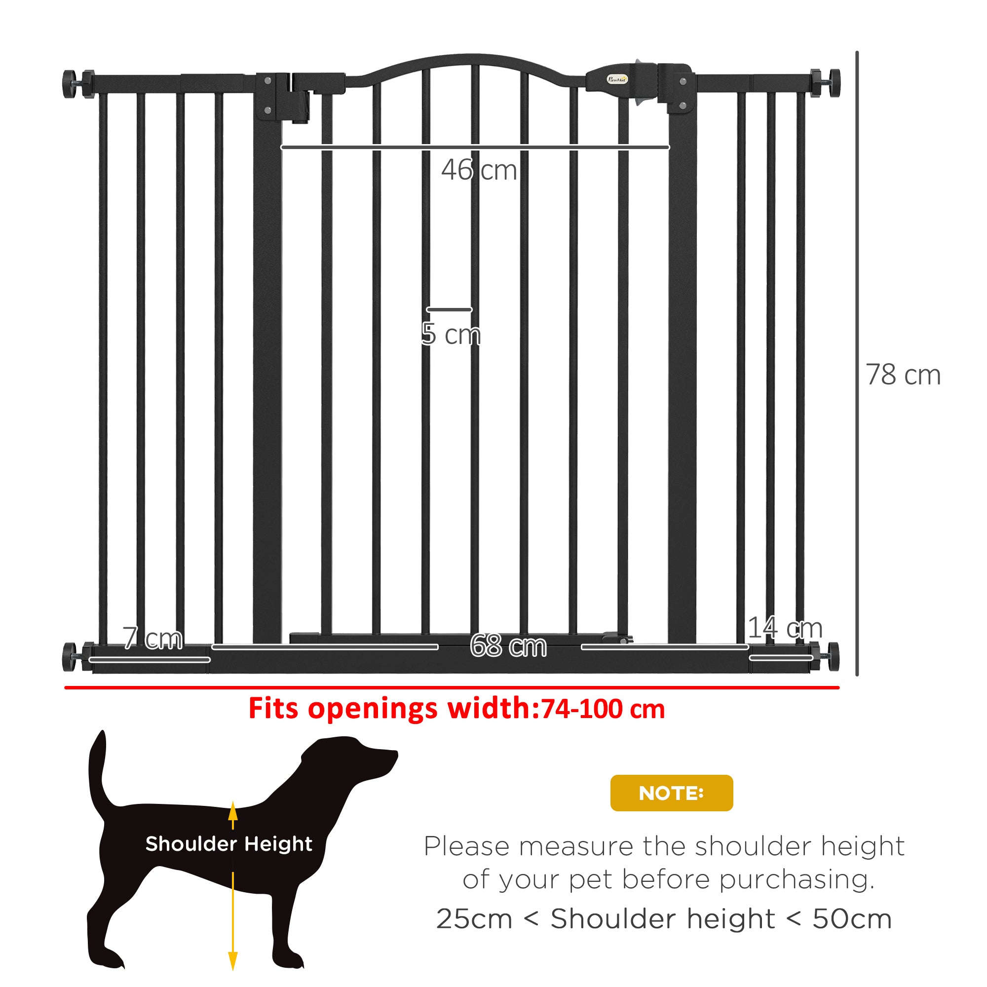 Pressure Fit Dog Stair Gate No Drilling Safety Gate Auto Close for Doorways, Hallways, 74-100cm Adjustable, 78cm Tall, Black