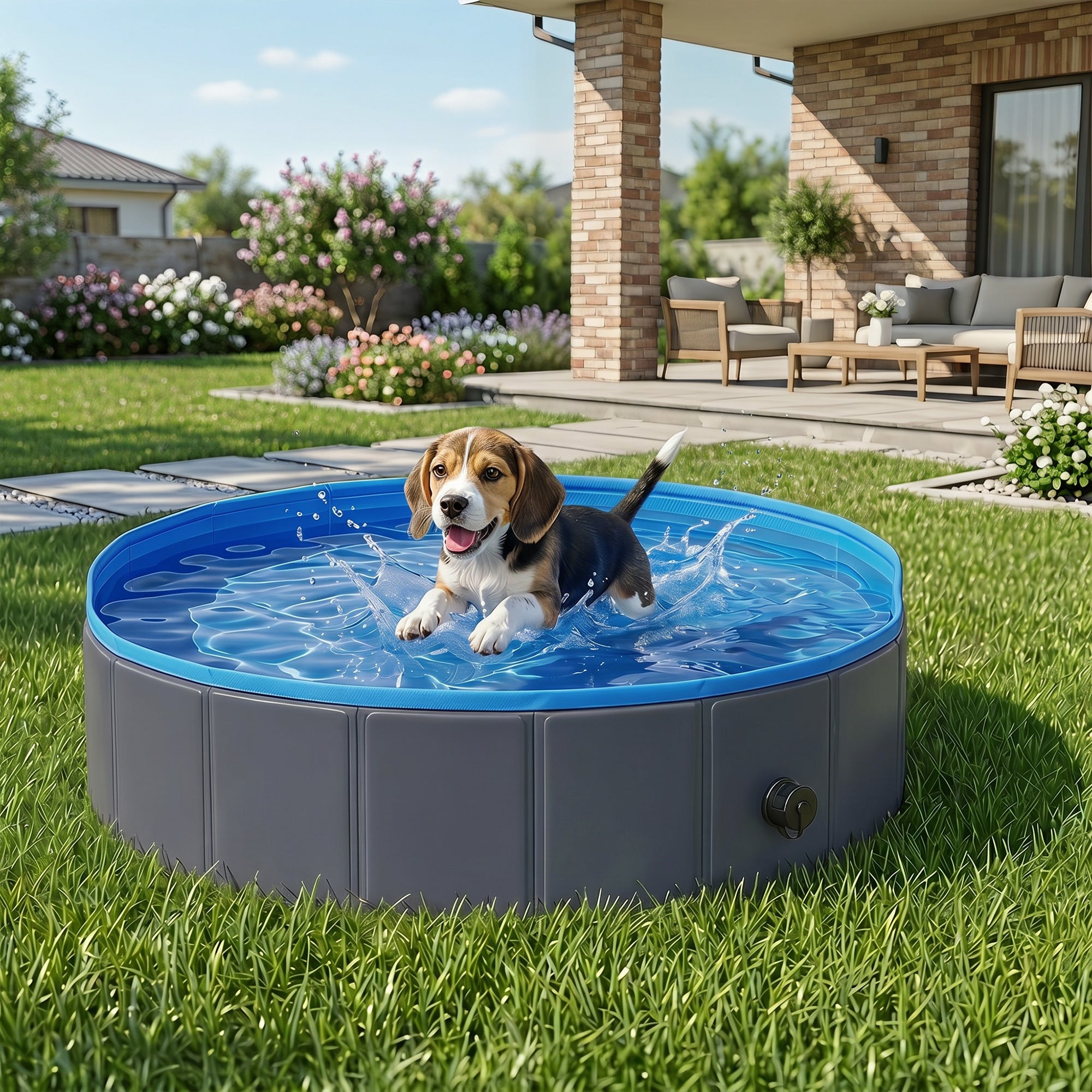 Foldable Dog Pool for Puppies and Ducks, Thickened PVC Dog Paddling Pool Bath Tub Hard Board, Anti-Slip Bottom and Hose Adapter for Easy Drainage, 100 x 30cm, Blue and Dark Grey