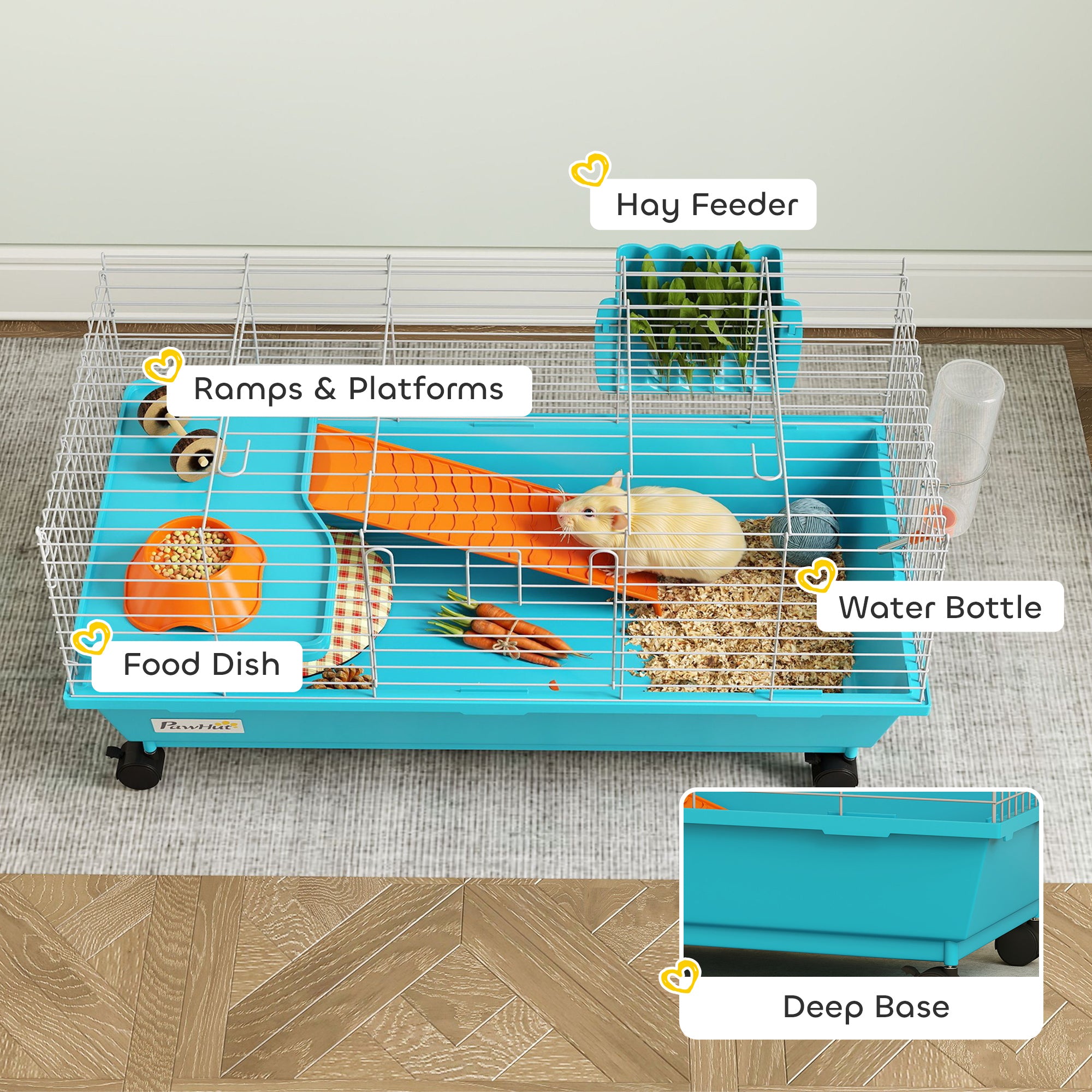 35"L Small Animal Cage, Rolling Bunny Cage, Guinea Pig Cage with Wheels, Food Dish, Water Bottle, Hay Feeder, Platform, Ramp for Chinchilla, Blue