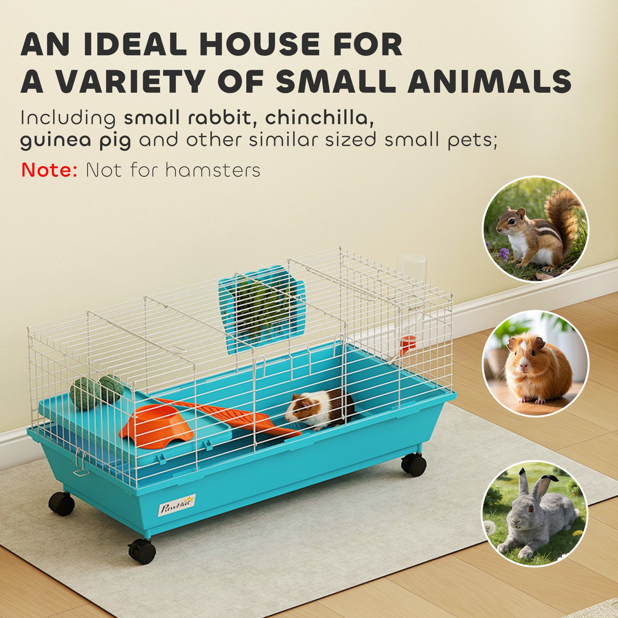 35"L Small Animal Cage, Rolling Bunny Cage, Guinea Pig Cage with Wheels, Food Dish, Water Bottle, Hay Feeder, Platform, Ramp for Chinchilla, Blue