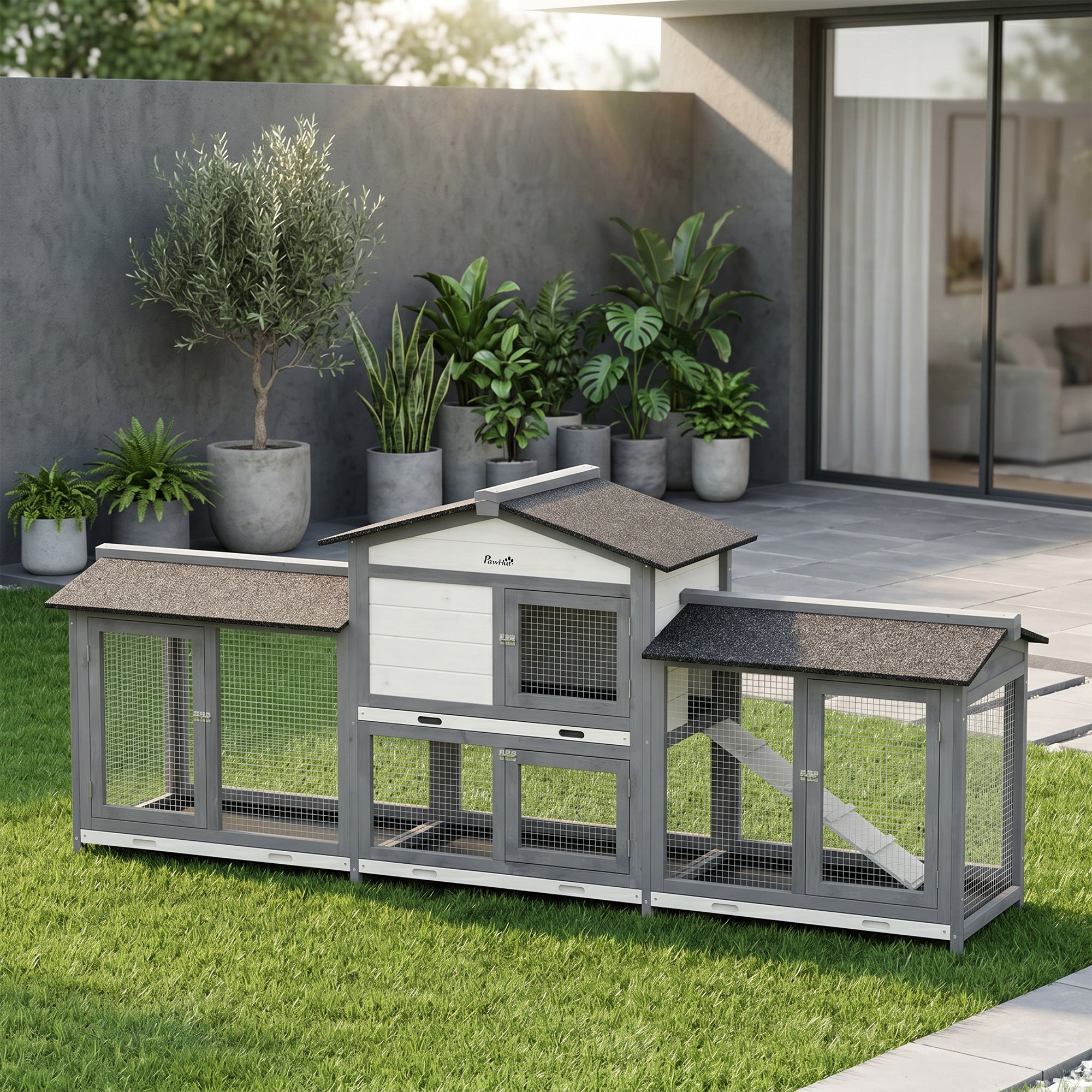 Large Rabbit Hutch, 2-Tier Wooden Guinea Pig Hutch with Double Side Run Boxes, Outdoor Bunny Cage Hide House with Waterproof Roof, Sliding Tray, Ramp, 230 x 53 x 93.5cm, Light Grey
