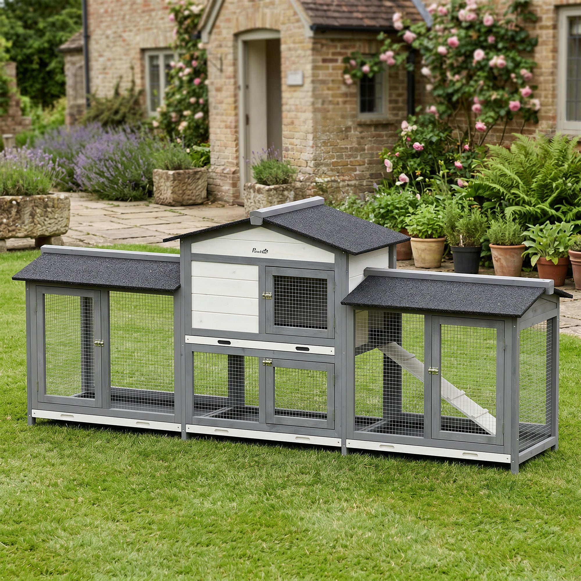 Large Rabbit Hutch, 2-Tier Wooden Guinea Pig Hutch with Double Side Run Boxes, Outdoor Bunny Cage Hide House with Waterproof Roof, Sliding Tray, Ramp, 230 x 53 x 93.5cm, Light Grey