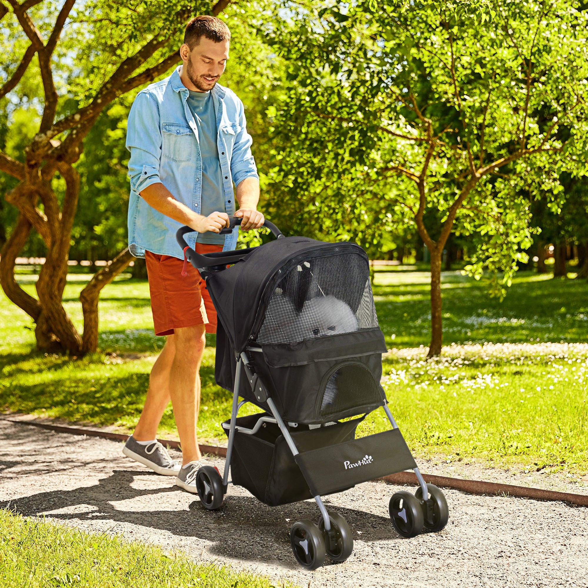 Dog Stroller, One-click Folding Pet Stroller with Cup Holder, 4 Wheels Travel Carrier w/ Brakes, 360° Swiveling Front Wheels, Storage Basket, for XS/Small Dogs Cats, Black