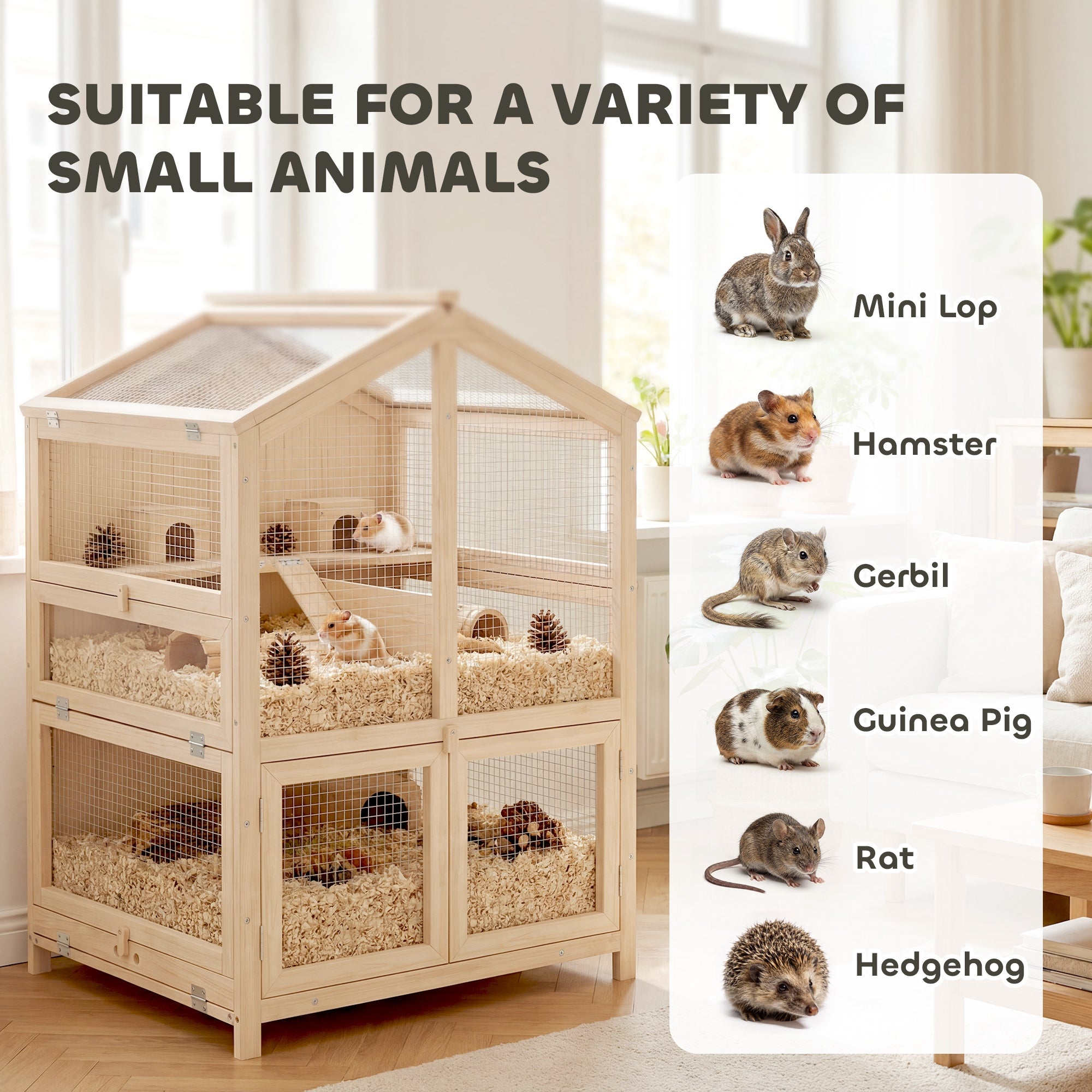 Wooden Hamster Cage, Large 3 Tier Hamster Cage w/ Pull-Out Tray, Openable Tops, Huts, Seesaws, Ramps, Water Bowls, for Small Animals, Guinea Pigs, Rats, Bunnies, Gerbils, 26.8" x 24.2" x 35.4"