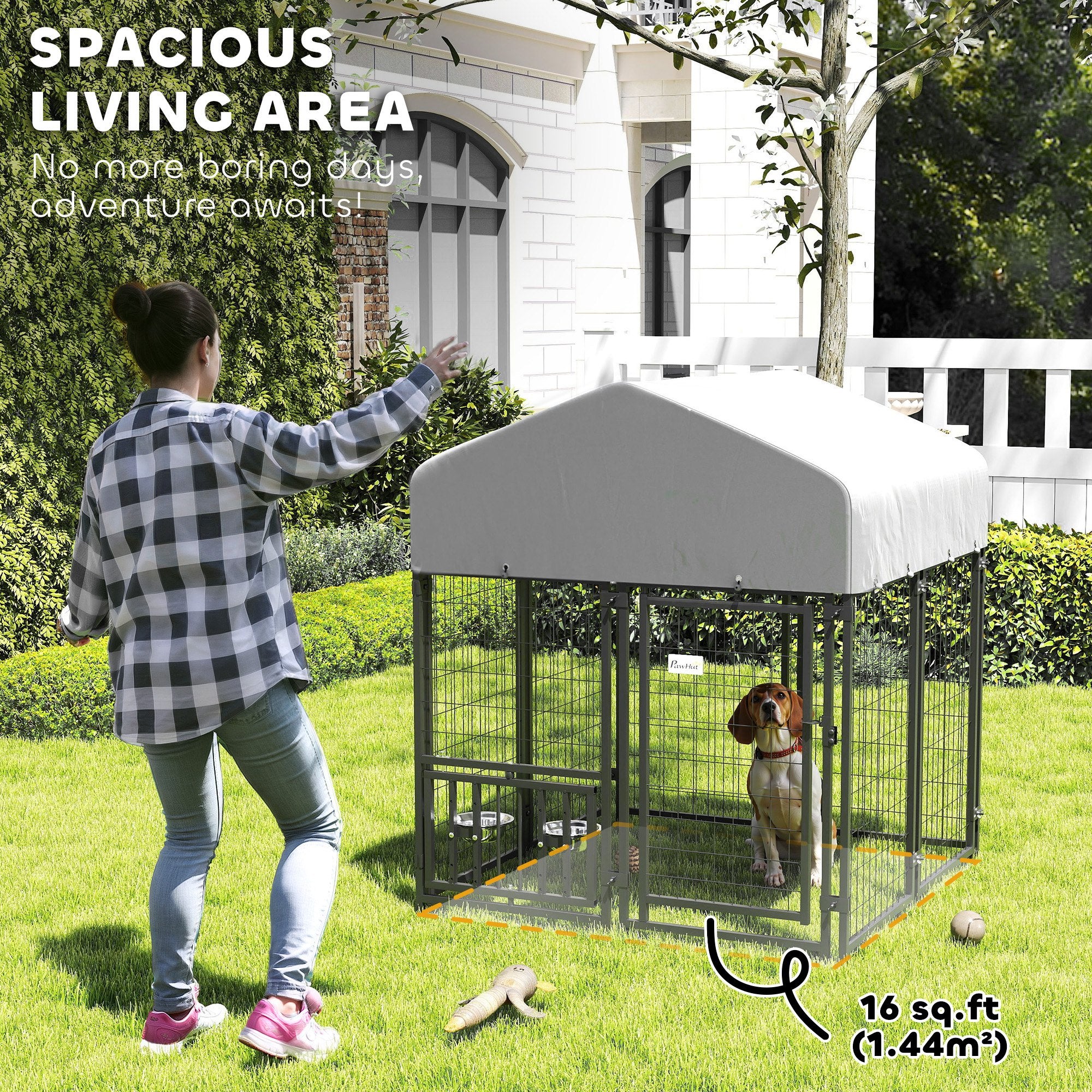 PawHut 3.9' x 3.9' x 4.5' Outdoor Dog Kennel, Welded Wire Heavy Duty Dog Run with 360° Rotating & 4 Level Adjustable Bowls, Dog Kennel Outside with Waterproof & UV Resistant Cover, for S&M Dogs