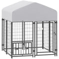 Load image into Gallery viewer, PawHut 3.9' x 3.9' x 4.5' Outdoor Dog Kennel, Welded Wire Heavy Duty Dog Run with 360° Rotating & 4 Level Adjustable Bowls, Dog Kennel Outside with Waterproof & UV Resistant Cover, for S&M Dogs
