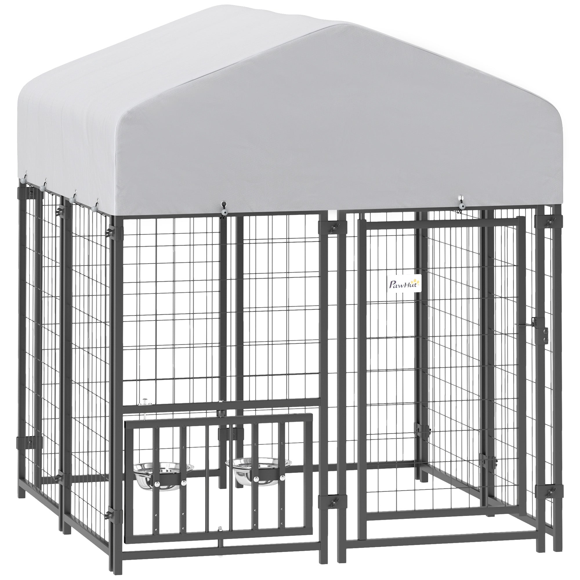 PawHut 3.9' x 3.9' x 4.5' Outdoor Dog Kennel, Welded Wire Heavy Duty Dog Run with 360° Rotating & 4 Level Adjustable Bowls, Dog Kennel Outside with Waterproof & UV Resistant Cover, for S&M Dogs