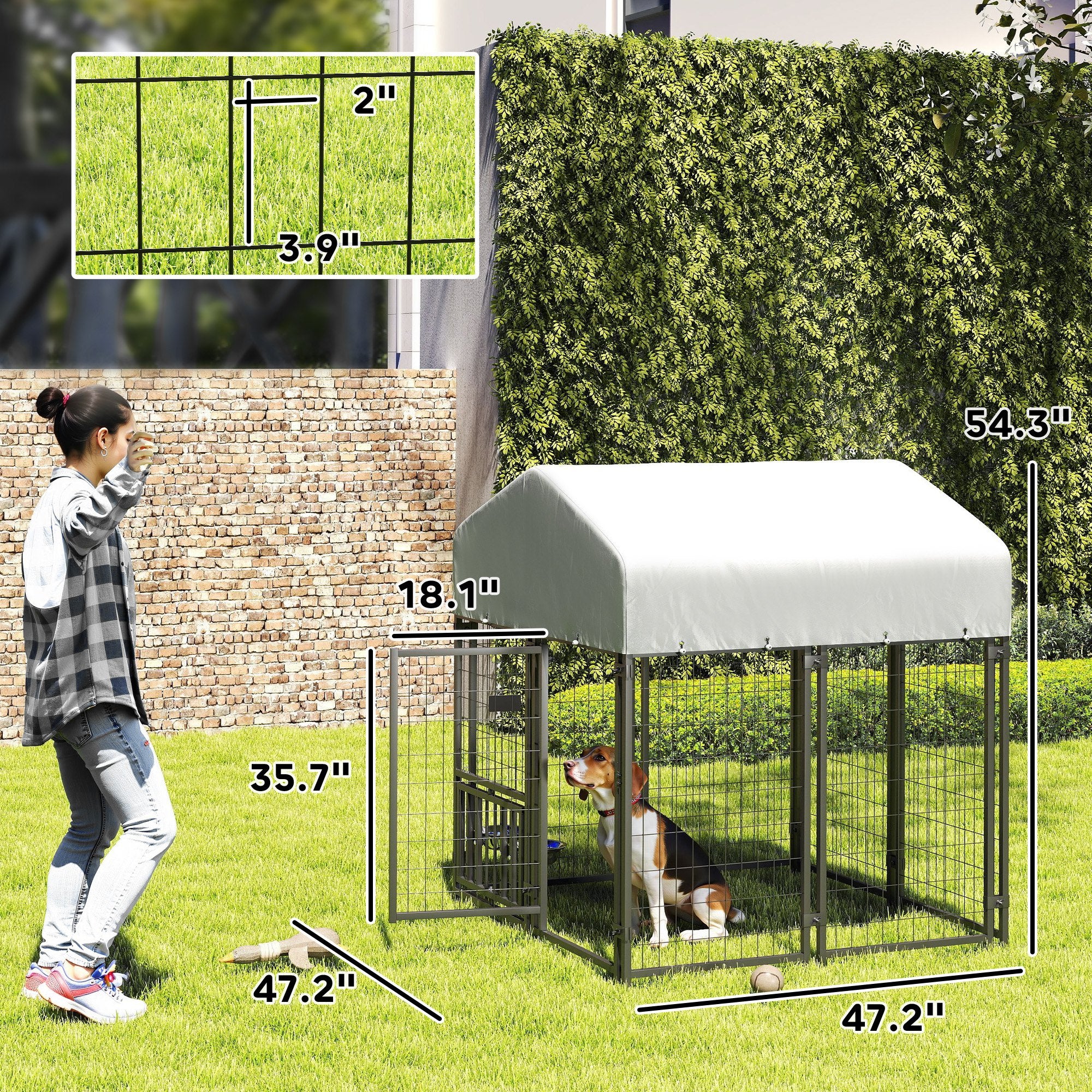 PawHut 3.9' x 3.9' x 4.5' Outdoor Dog Kennel, Welded Wire Heavy Duty Dog Run with 360° Rotating & 4 Level Adjustable Bowls, Dog Kennel Outside with Waterproof & UV Resistant Cover, for S&M Dogs