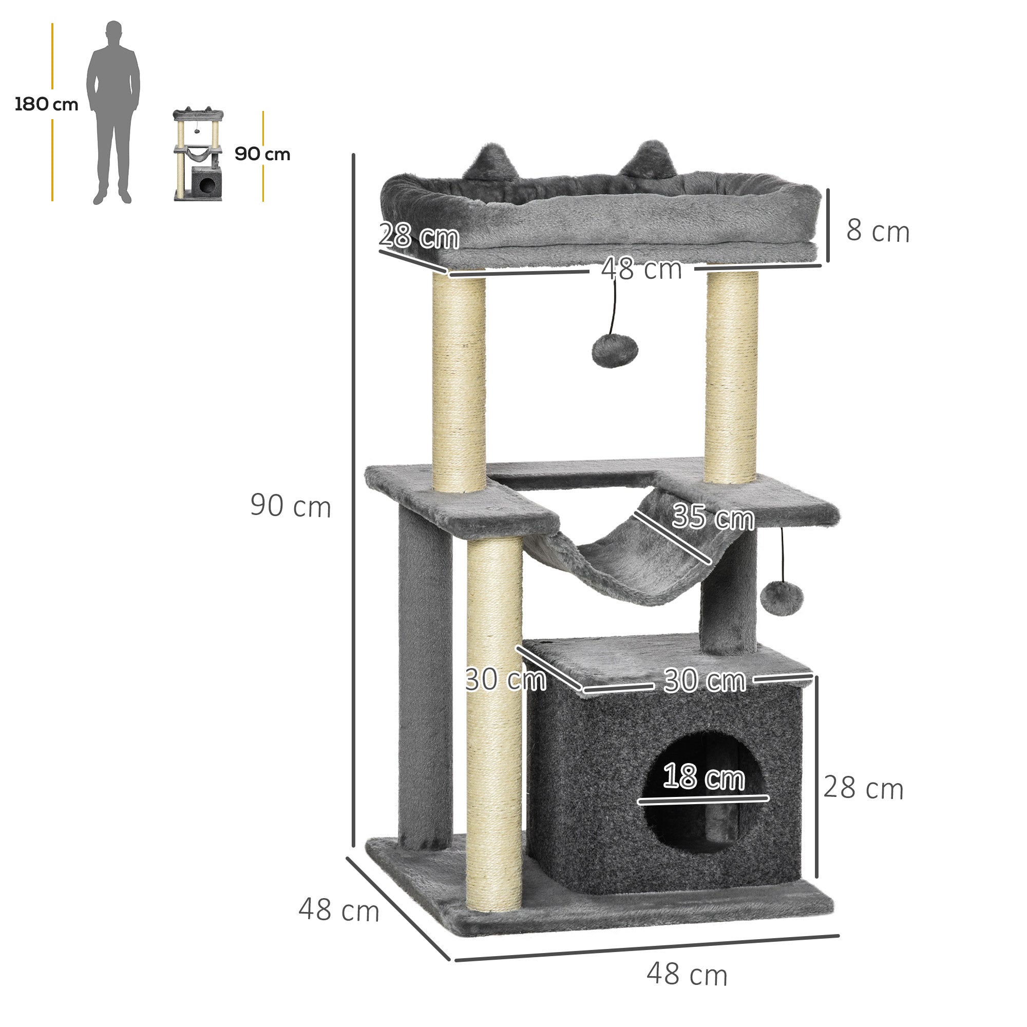 Cat Tree, 90cm Cat Tower with Sisal Scratching Posts, Cat Condo, Hammock, Top Perch and 2 Hanging Toys for Indoor Cats, Grey