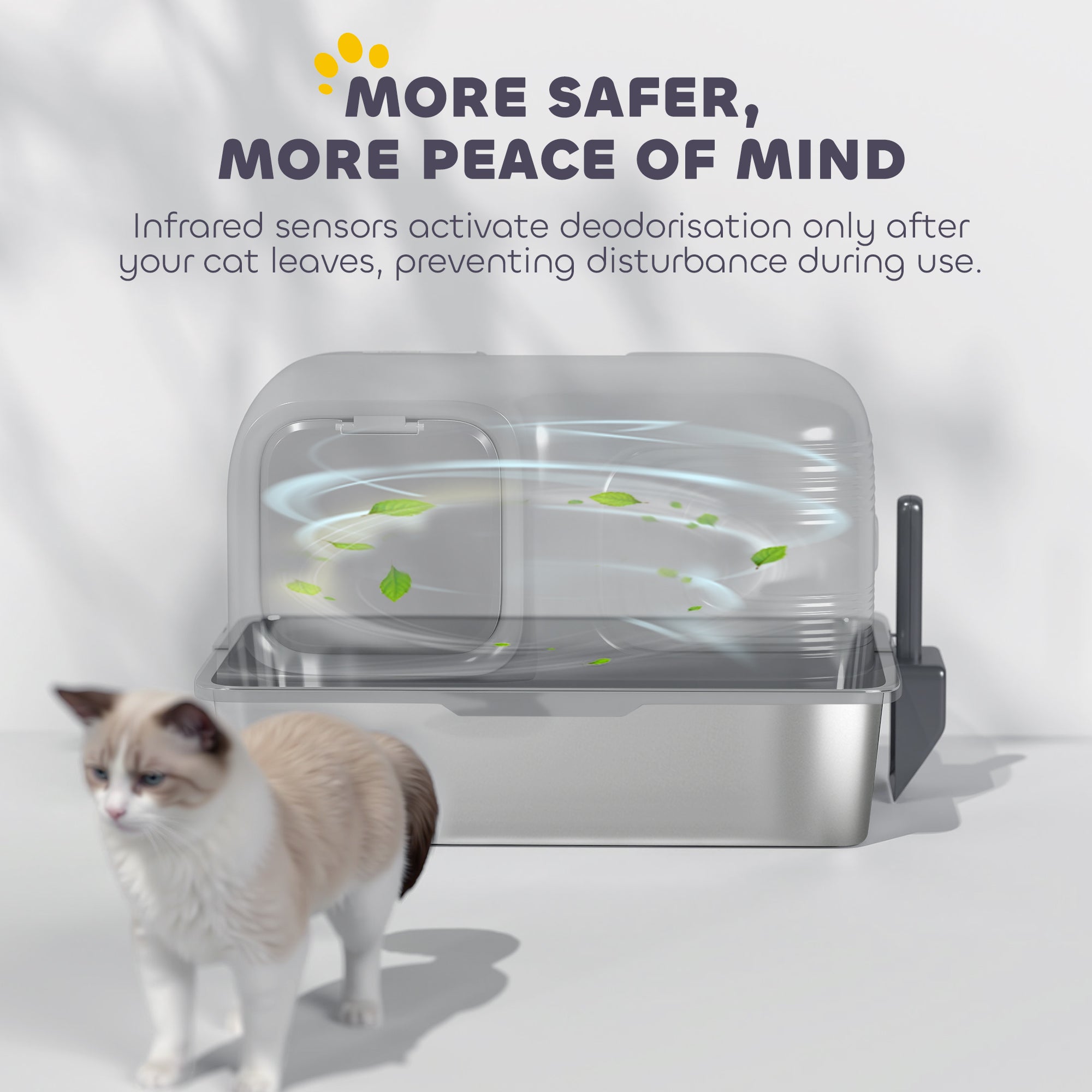 Stainless Steel Litter Tray with Plasma Deodoriser System, 65L Extra Large Enclosed Litter Box with Lid High, Sided Wall and Scoop for Larger Cats, Easy to Clean & Odour-Resistant, Grey