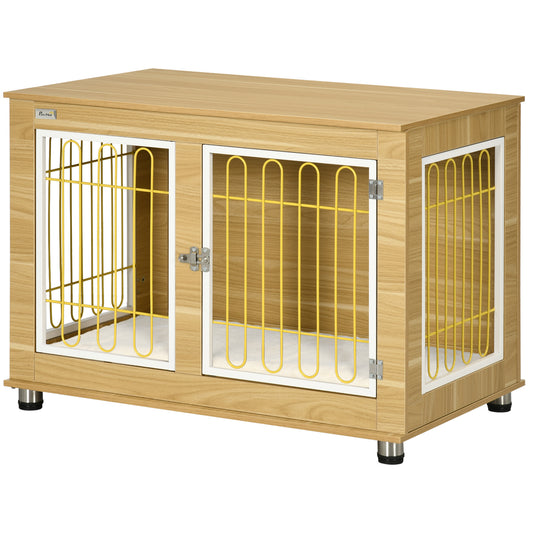 Dog Crate Furniture, Side End Table, Indoor Dog Kennel with Soft Washable Cushion, Wire Mesh, Large Top, for Medium and Large Dogs, 90 x 58 x 65, Oak Tone