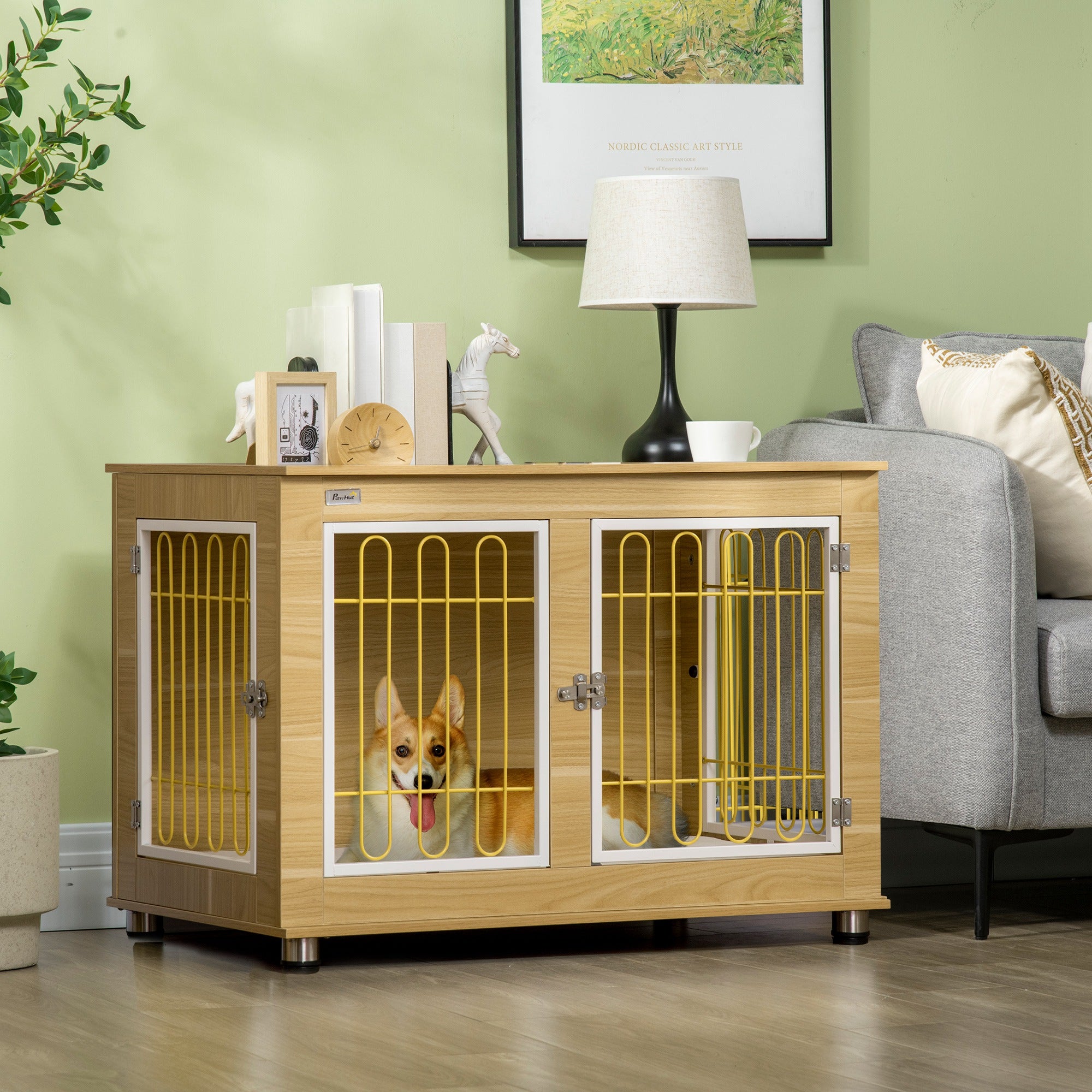 Dog Crate Furniture, Side End Table, Indoor Dog Kennel with Soft Washable Cushion, Wire Mesh, Large Top, for Medium and Large Dogs, 90 x 58 x 65, Oak Tone