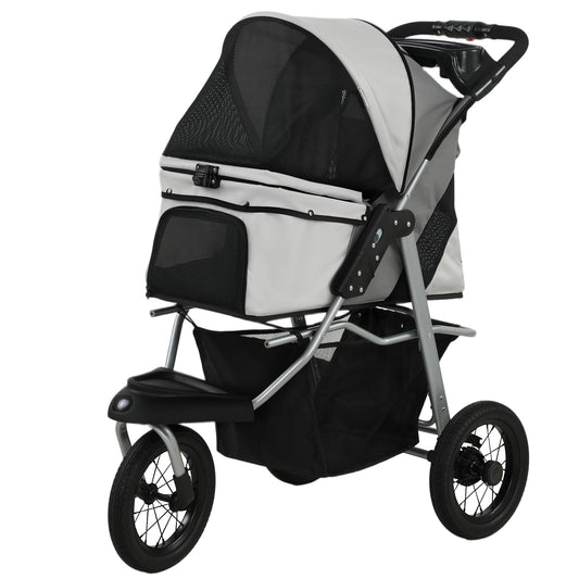 paws & pals deluxe folding dog & cat stroller PawHut Dog Stroller, Foldable Dog Stroller with 12" Rubber Wheels for Small Dogs, Up to 22 LBS, Light Gray