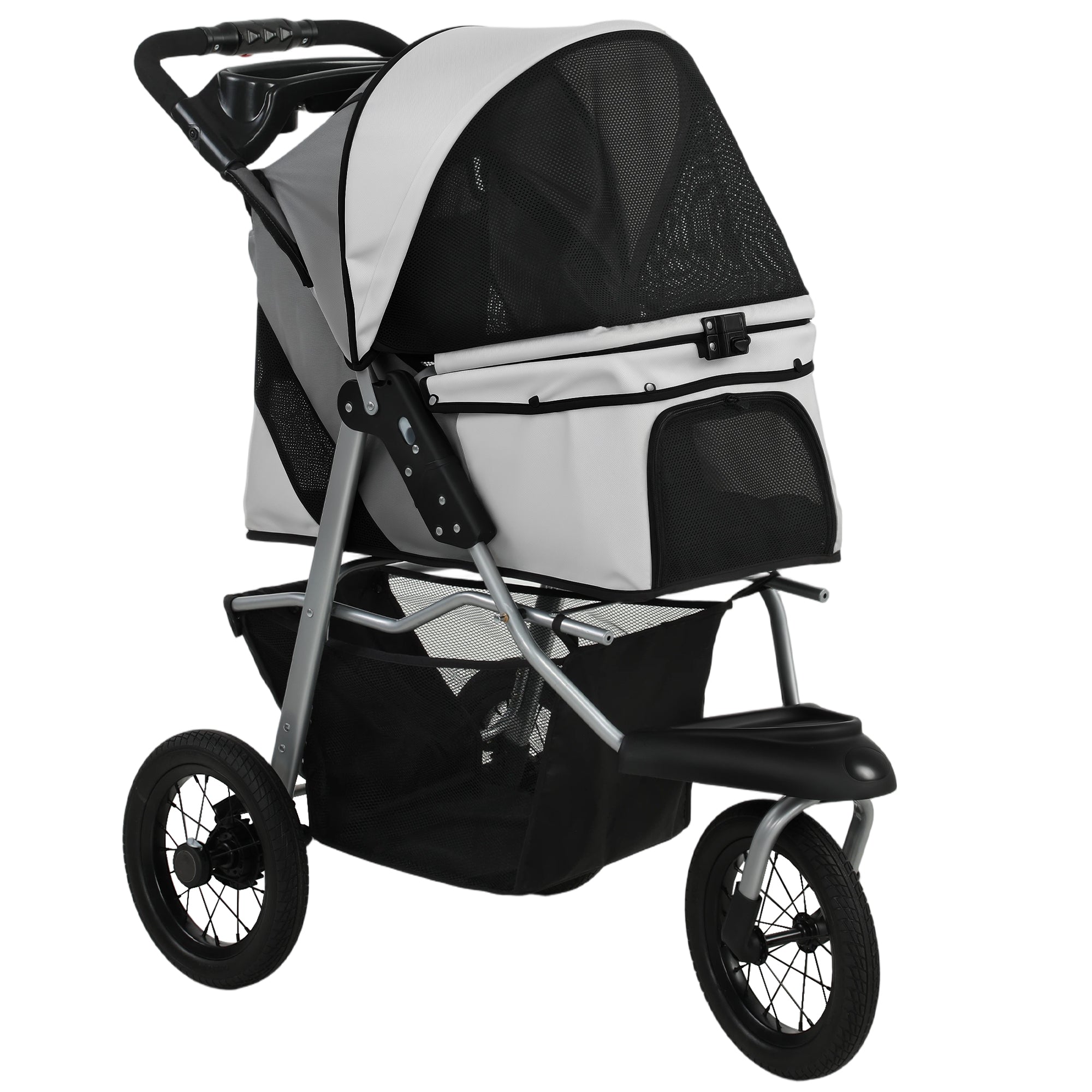 Dog Stroller for Small Dogs, 3 Wheel Foldable Pet Stroller with 12" Rubber Wheels, Mesh Window, One-Foot Brake, Storage Basket and Cup Holder, Up to 22 LBS, Light Gray