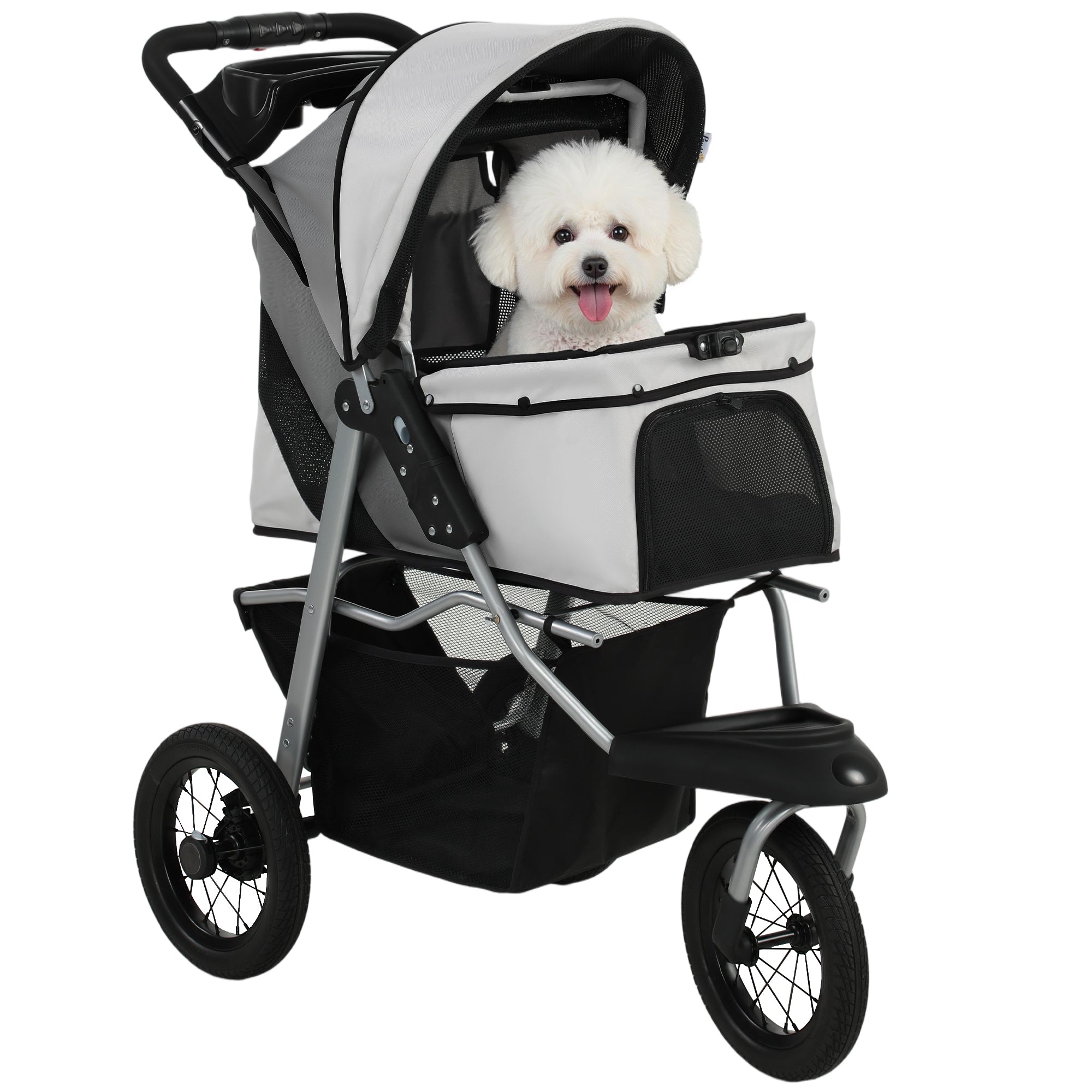 Dog Stroller for Small Dogs, 3 Wheel Foldable Pet Stroller with 12" Rubber Wheels, Mesh Window, One-Foot Brake, Storage Basket and Cup Holder, Up to 22 LBS, Light Gray