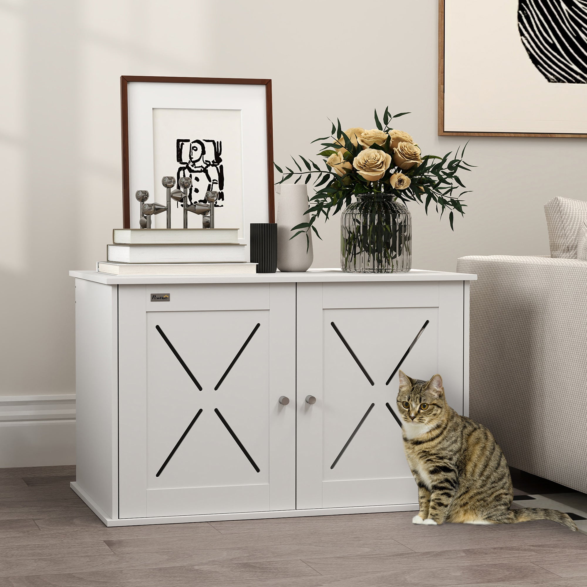 Cat Litter Box Enclosure, Hidden Cat Litter Box Furniture with Double Doors, Hole, Pet House Side End Table, 31.5" x 19" x 20", White