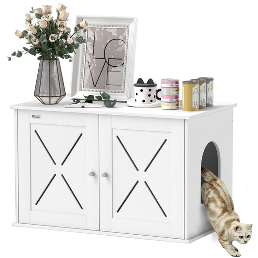 Cat Litter Box Enclosure, Hidden Cat Litter Box Furniture with Double Doors, Hole, Pet House Side End Table, 31.5" x 19" x 20", White