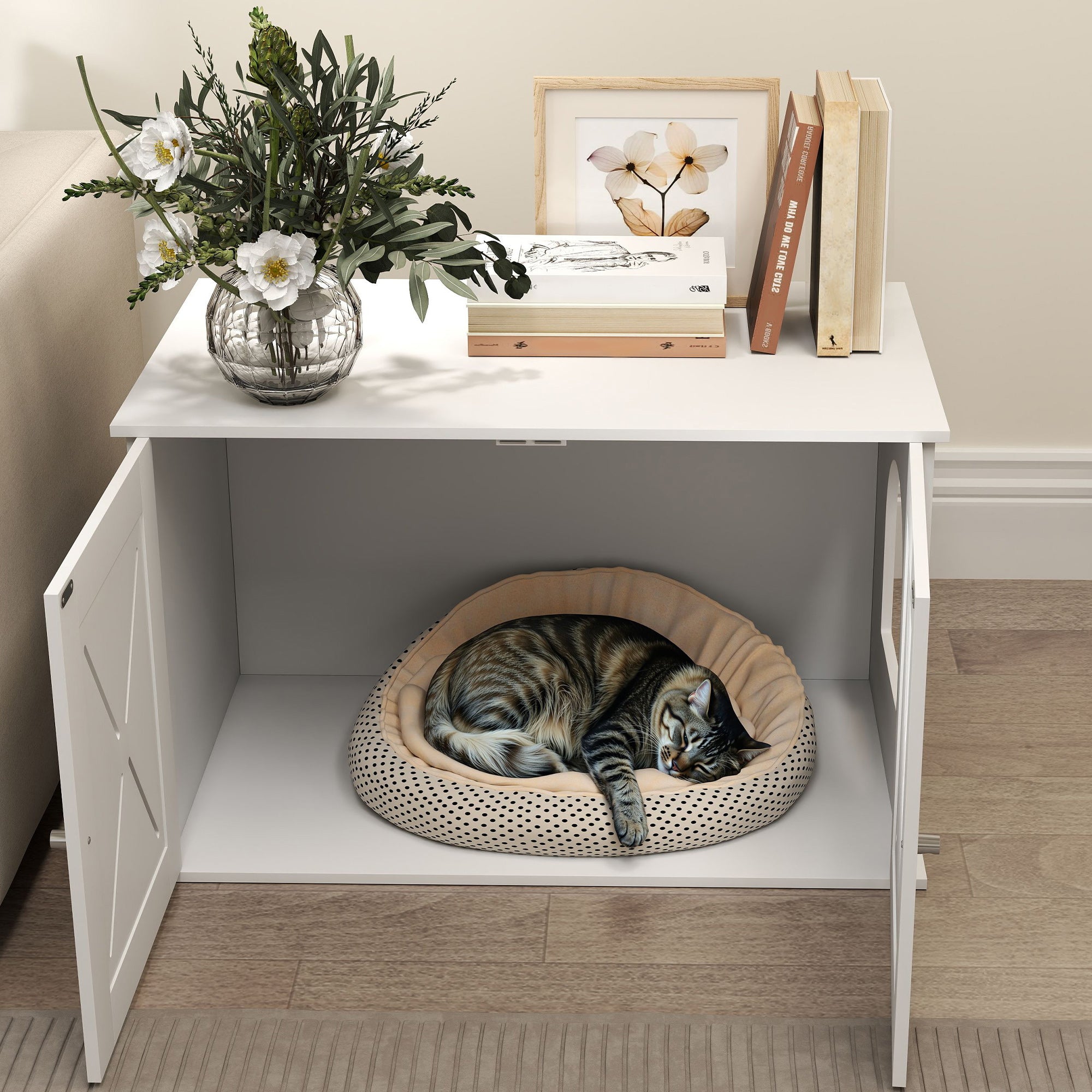 Cat Litter Box Enclosure, Hidden Cat Litter Box Furniture with Double Doors, Hole, Pet House Side End Table, 31.5" x 19" x 20", White