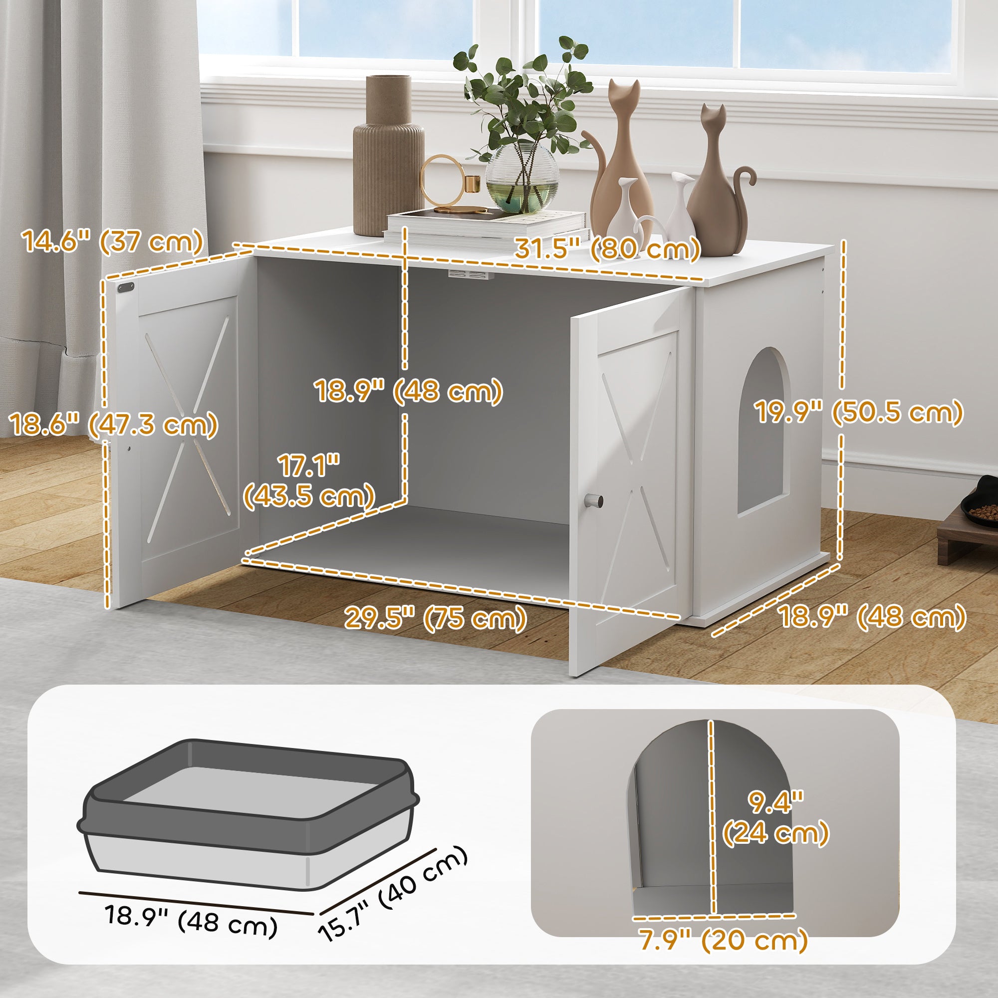 Cat Litter Box Enclosure, Hidden Cat Litter Box Furniture with Double Doors, Hole, Pet House Side End Table, 31.5" x 19" x 20", White