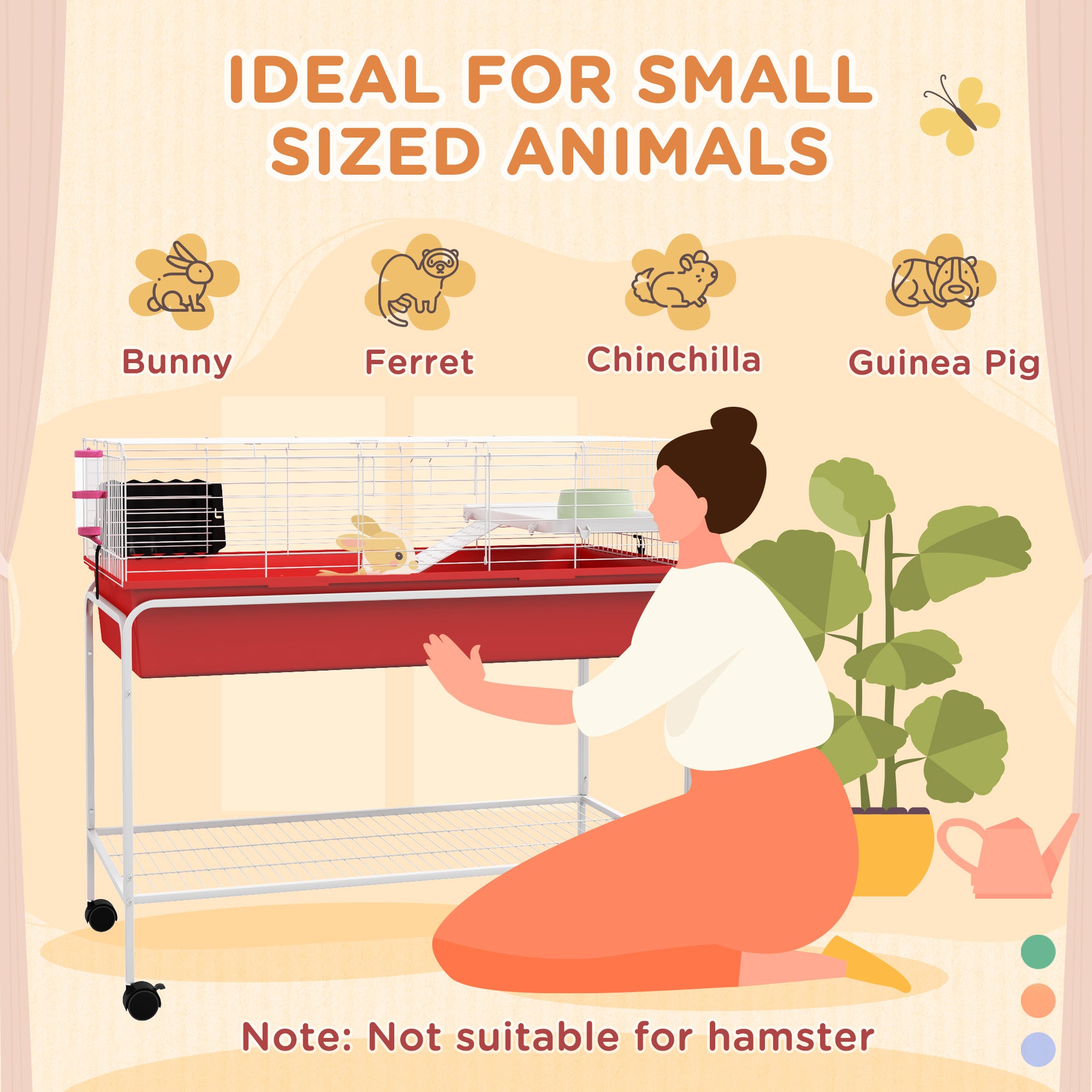 PawHut Two-Story Small Animal Cage Removable from Stand, Guinea Pig Cage, Hedgehog Cage, Chinchilla Cage, Ferret, with Shelf & Wheels, Pet Habitat, 39" x 20.5" x 36.5", Red