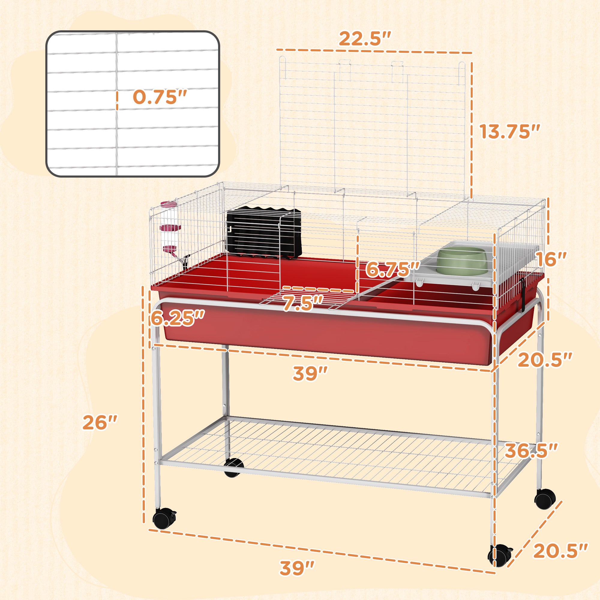 PawHut Two-Story Small Animal Cage Removable from Stand, Guinea Pig Cage, Hedgehog Cage, Chinchilla Cage, Ferret, with Shelf & Wheels, Pet Habitat, 39" x 20.5" x 36.5", Red