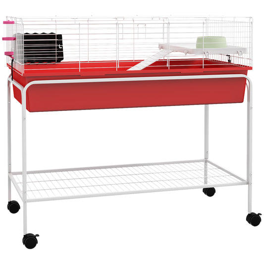 PawHut Two-Story Small Animal Cage Removable from Stand, Guinea Pig Cage, Hedgehog Cage, Chinchilla Cage, Ferret, with Shelf & Wheels, Pet Habitat, 39" x 20.5" x 36.5", Red