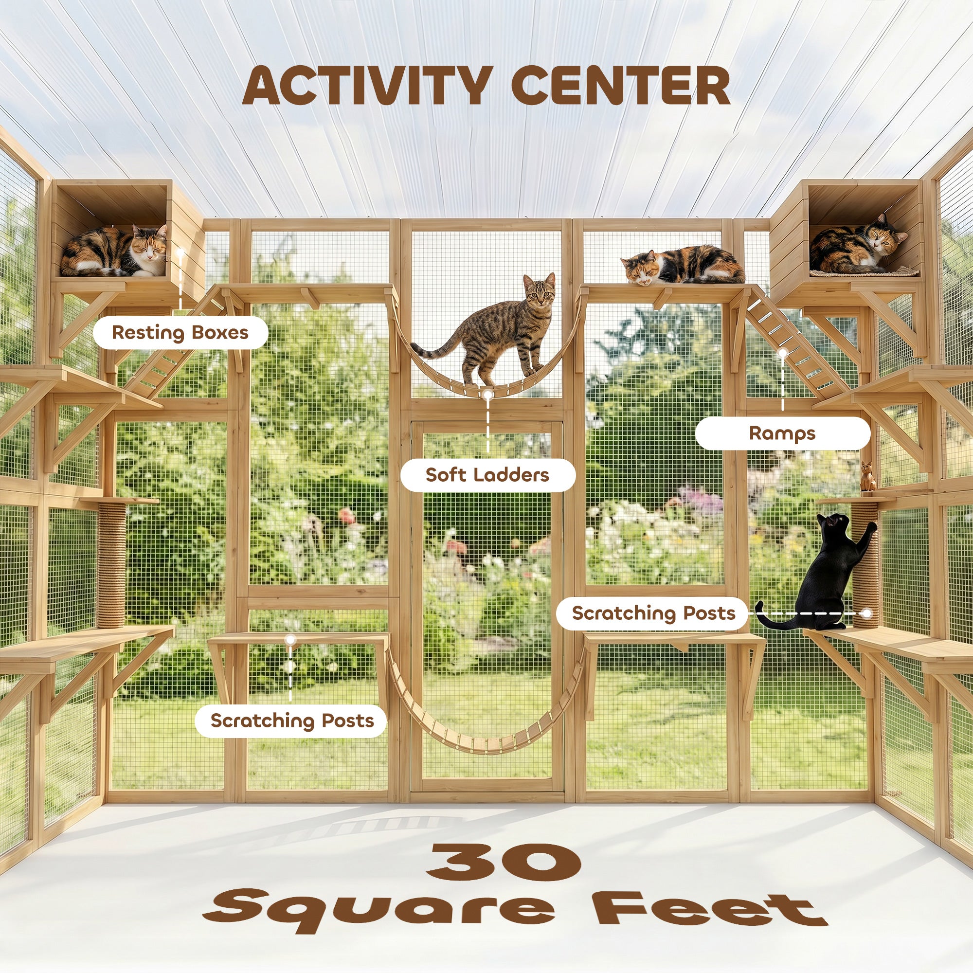 Catio Outdoor Cat Enclosure Window, Outdoor Cat House with Weather Protection Roof for Multiple Kitties, Wooden Frame, Shelves & Bridges, 118" x 37.5" x 74", Yellow