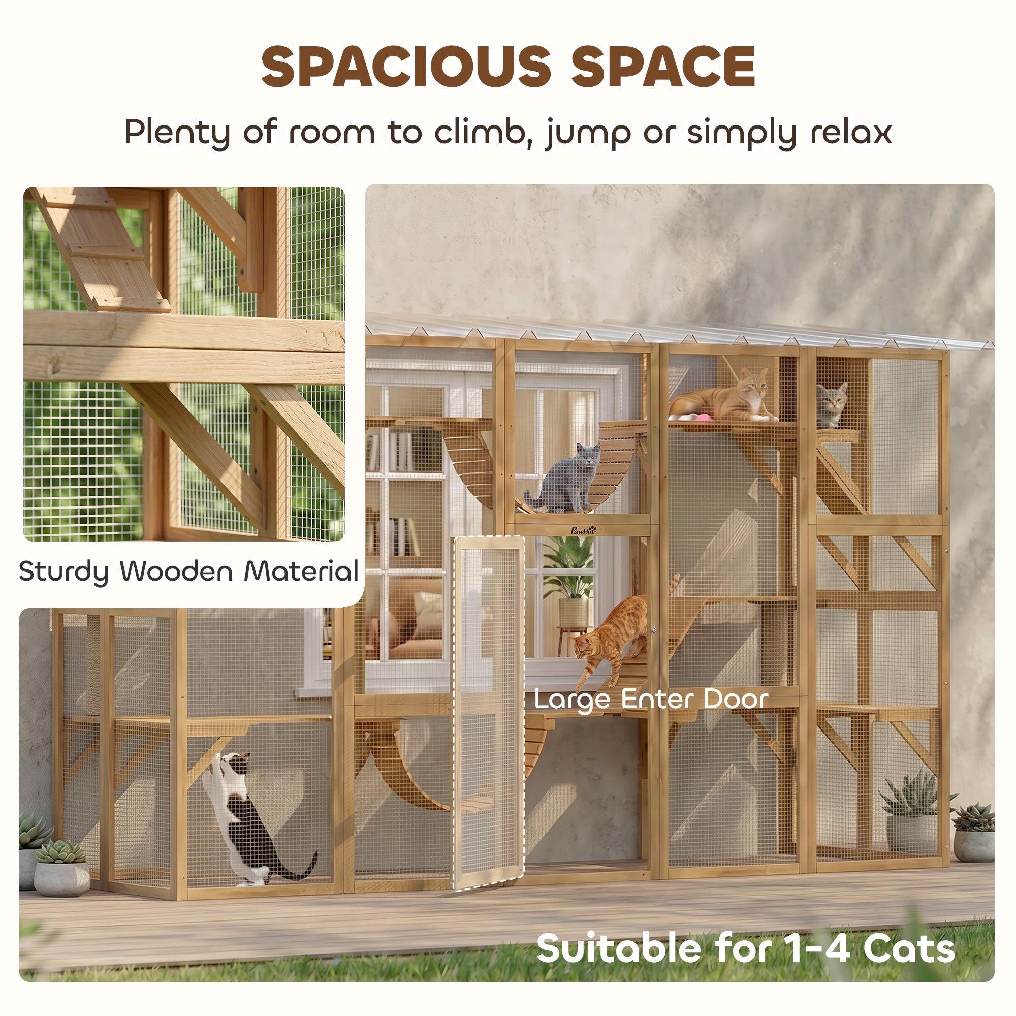 Catio Outdoor Cat Enclosure Window, Outdoor Cat House with Weather Protection Roof for Multiple Kitties, Wooden Frame, Shelves & Bridges, 118" x 37.5" x 74", Yellow